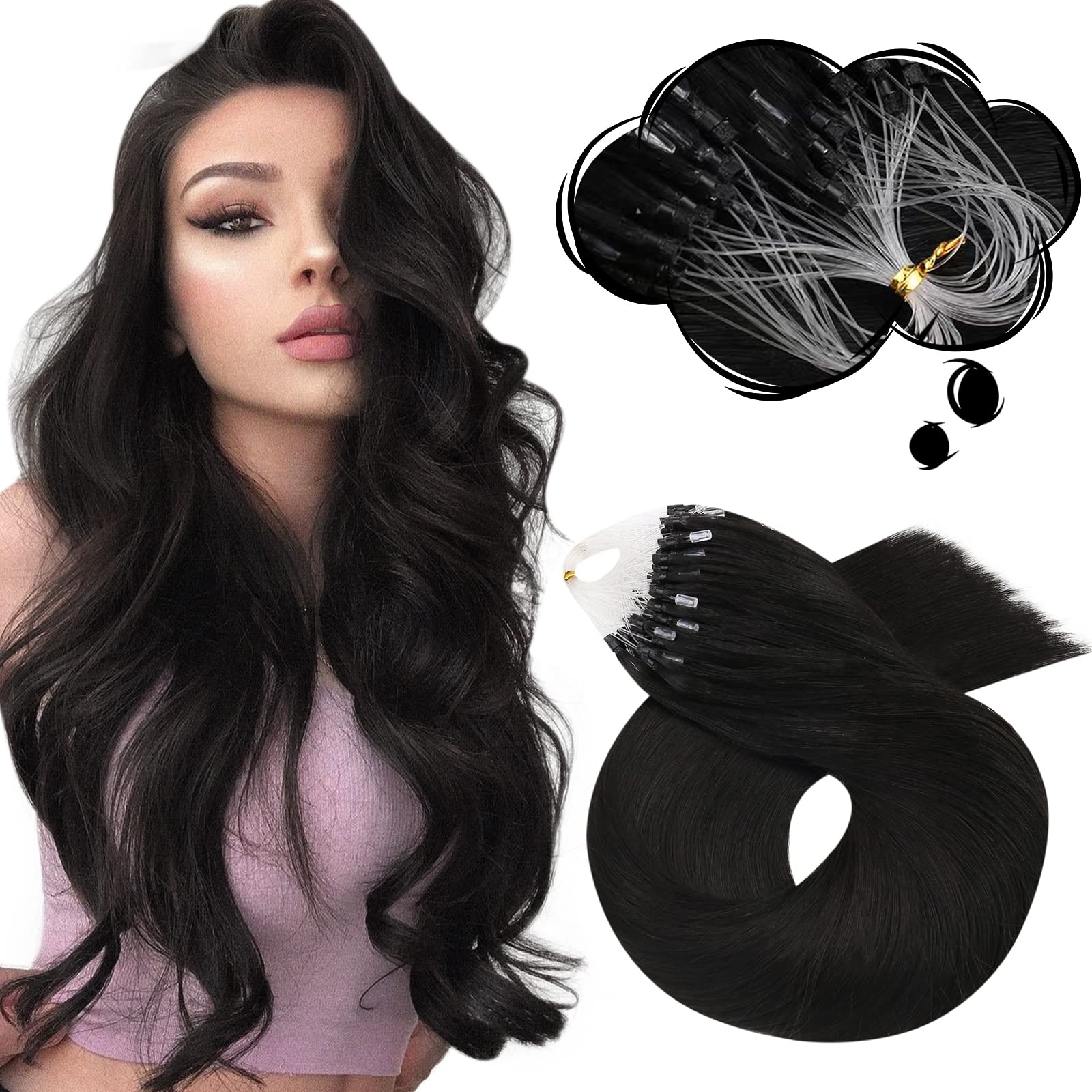 Moresoo Microbead Hair Extensions Human Hair Off Black Micro Link Extensions Hair Human Hair 20 inch Silky Smooth Microlink Extensions for Black Women 50G/50S 20in