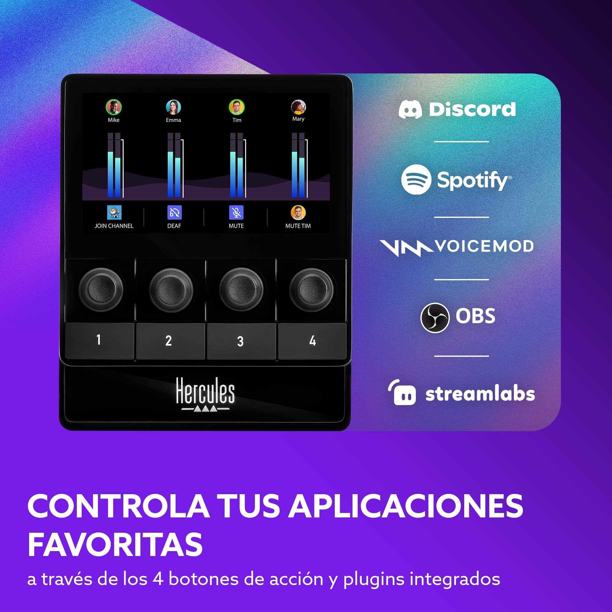 Hercules Stream Starter Kit - Pack de Audio para Streaming (Incluye Controladora Stream 100 con Pantalla LCD, Micrófono USB HUD-600 y 3 Meses de Voicemod Pro) PC Windows