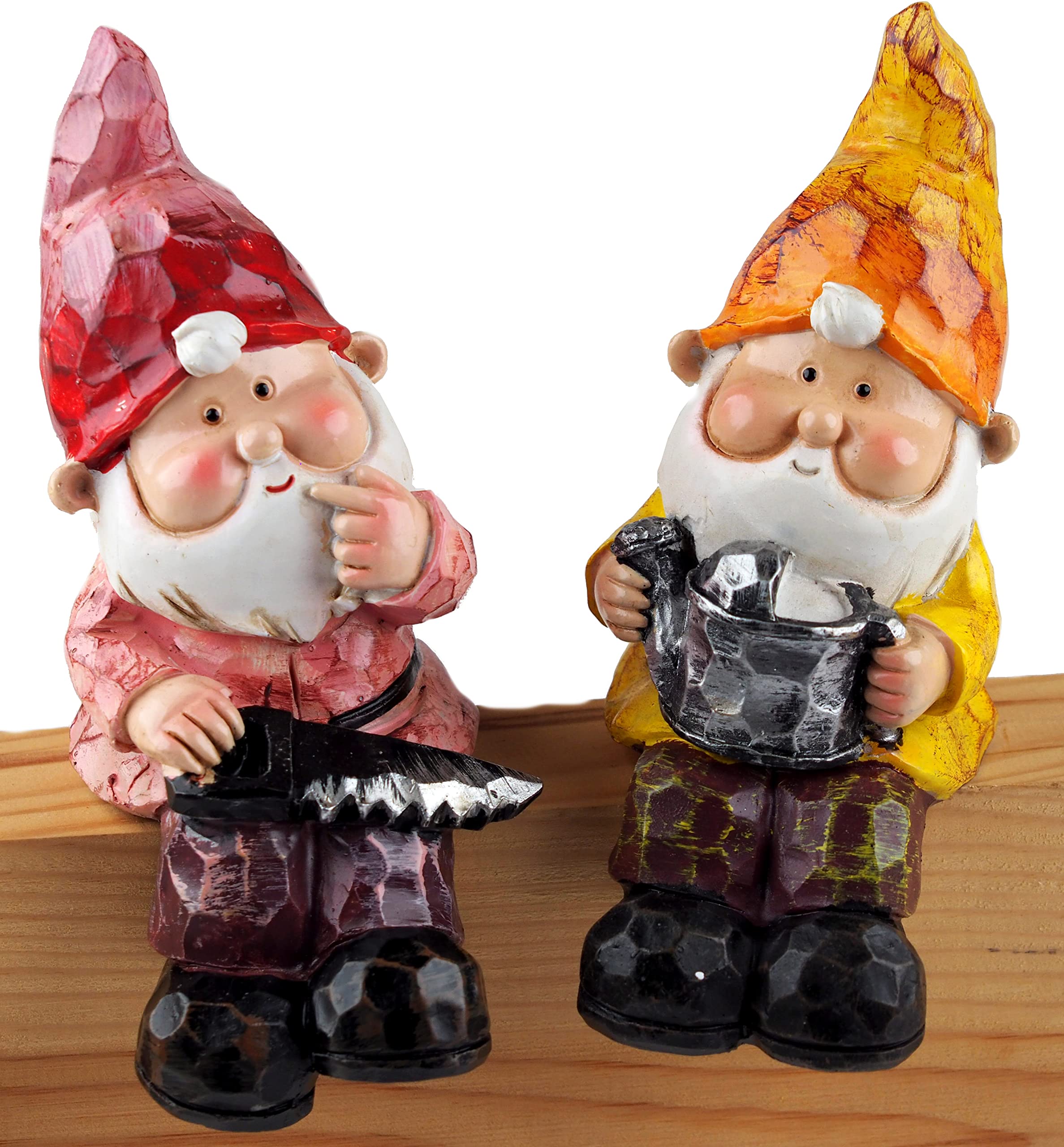 BWGShelf Ledge Sitting Garden Gnome Ornaments - Red Yellow Design (Set of 2)