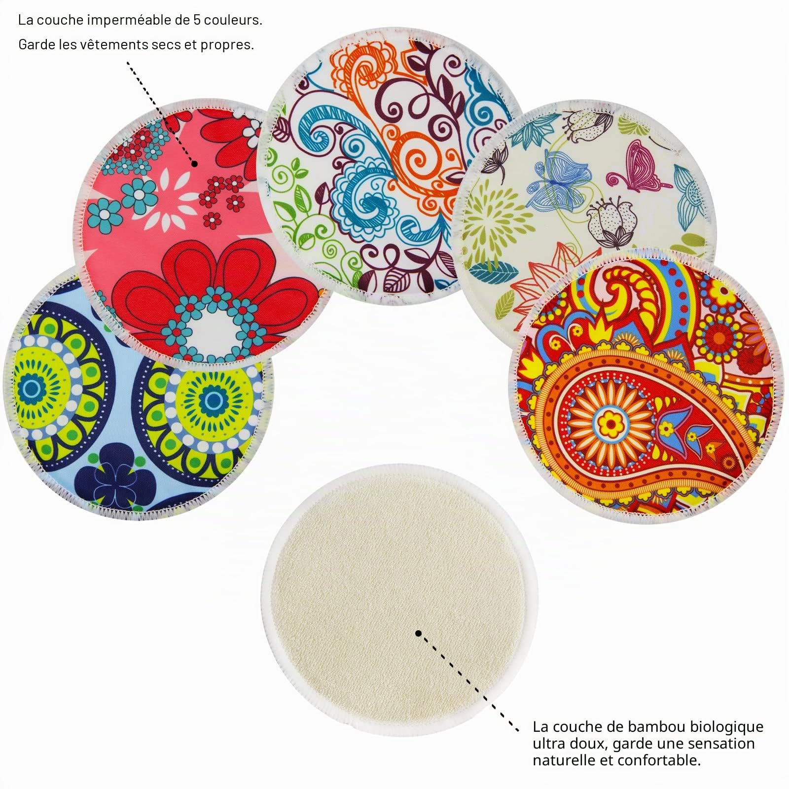 Pinowu Coussinets d'allaitement en Bambou Bio – 10 Coussinets lavables + Sac Humide + Sac de Lavage, Coussinets pour tétons d'allaitement pour maternité, Cache-tétons charmants Taille L 12cm