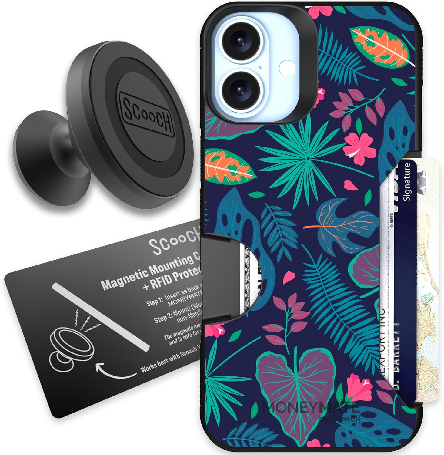 Scooch for iPhone 16 Plus Case with Card Holder, Moneymate Wallet Case with Card Slot and Protection for 4 Cards, Drop Protection, Wingmount Bundle with Mounting Card, Tropical Leaves