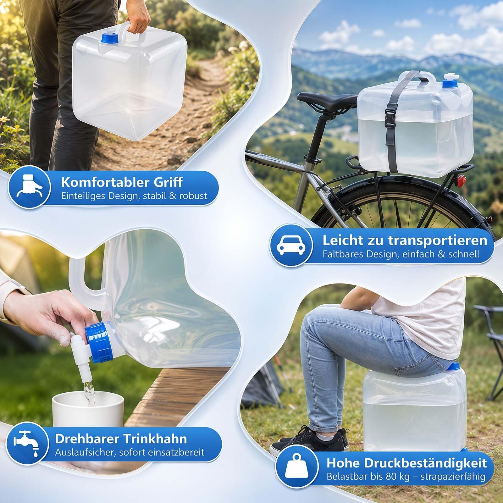 2 x 20L Tanica Acqua Pieghevole con Rubinetto e Maniglia, Contenitore Acqua Potabile BPA Free, Serbatoio Acqua Portatile per Campeggio, Emergenza, Outdoor ed Escursionismo