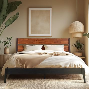 Acacia Callisto Bed Frame with Headboard Solid Wood Platform Bed, 800 lbs Capacity Bed Frame, Contemporary Signature Wood Bed Compatible with All Mattress Types Black Ristretto., King