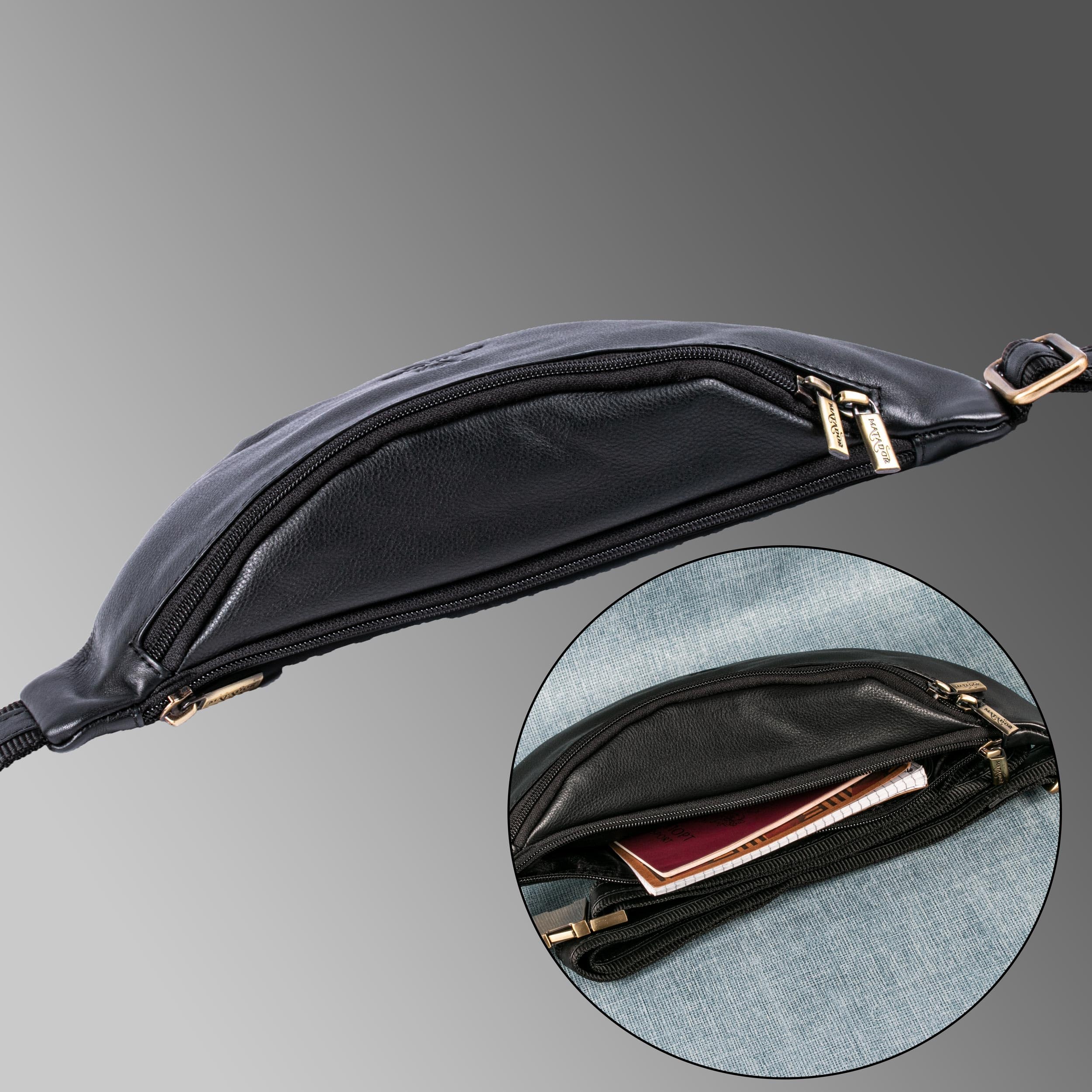 MATADOR Sac banane en cuir véritable pour homme et femme - Grand sac banane pour l'extérieur - Grand sac pour téléphone portable - Pour le sport, la course, le camping, la randonnée, le fitness, le