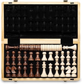 15" Magnetic Wooden Chess Set/Folding Board / 3" King Height German Knight Staunton Chess Pieces/2 Extra Queen