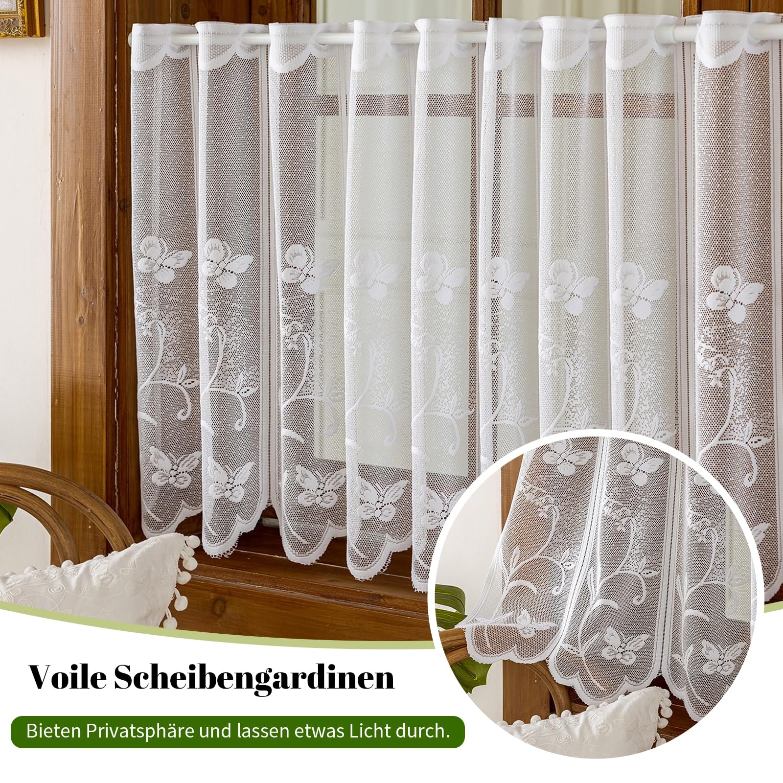 1er Pack Halbtransparent Besticke Weiß Blumen Schmetterling Scheibengardine Küchen Vorhang Tür Gardine HxB 60x180cm