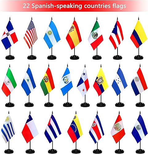 Miniatura 4 de TSMD Juego de banderas de escritorio de habla hispana de 22 países, pequeñas mini banderas latinoamericanas de oficina para decoración del mes