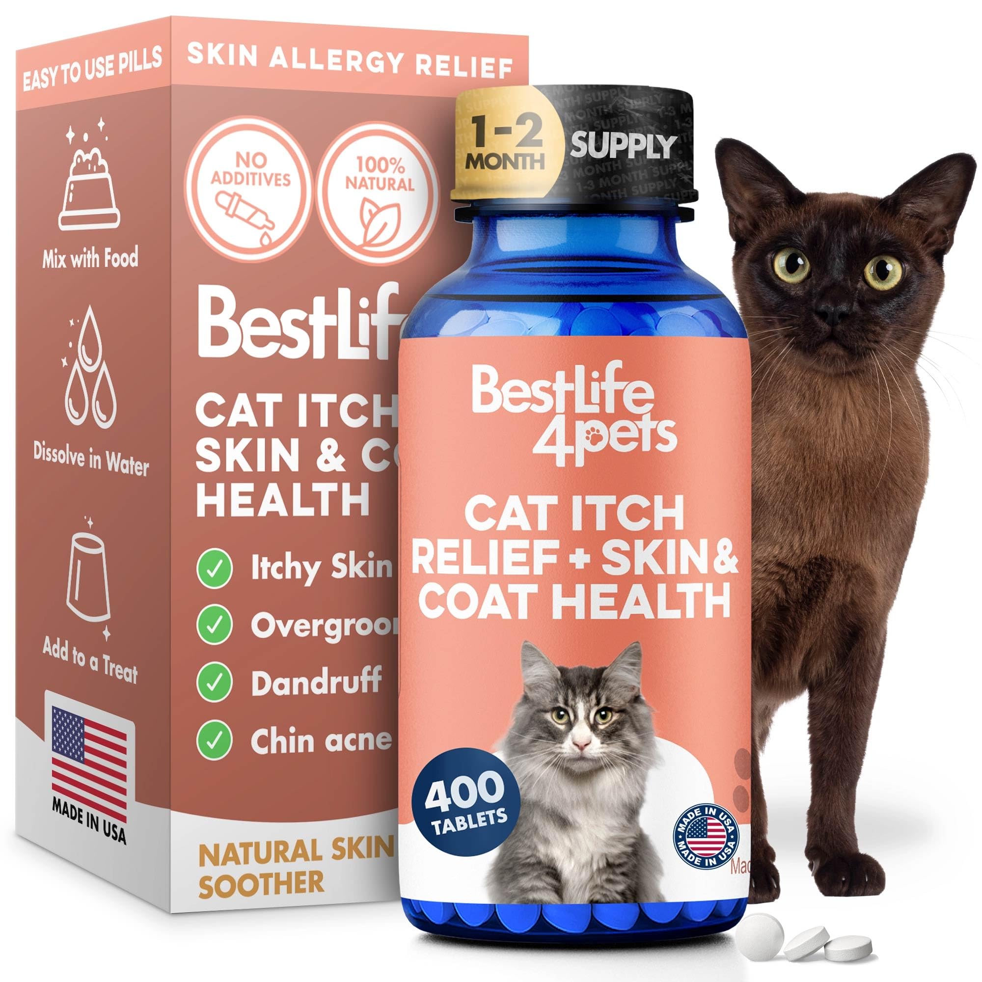 Cat Itchy Skin Relief & Hair Loss Treatment, Holistic Allergy Relief for Cats Calms Dry Skin, Dandruff & Reduces Licking, Scratching, Patchy, Matted and Shedding Fur, 400 Easy to Use Pills