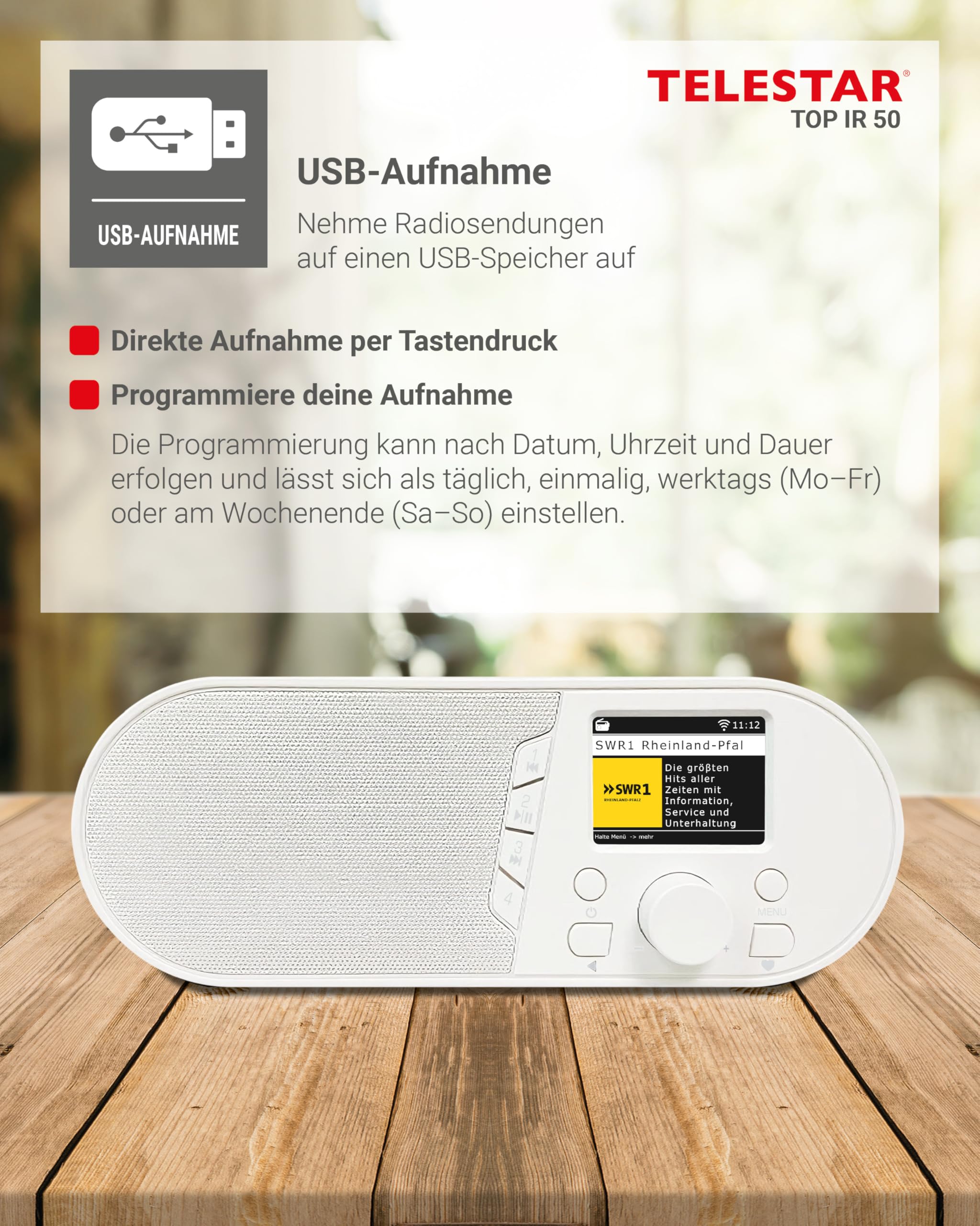 TELESTAR TOP IR 50 – Internetradio, Bluetooth Audio-Streaming – Weiß | 7 W, USB-Aufnahmefunktion, Stationstasten am Gerät, Dimmfunktion, Nachtmodus, Hotelmodus, Fernbedienung