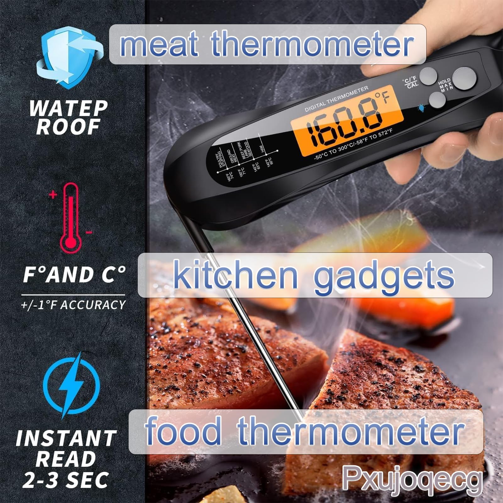 Termometro digitale a lettura istantanea, impermeabile, per cucinare, cuocere al forno, latte e liquidi, con schermo LCD retroilluminato, lettura istantanea, per cucinare, barbecue, friggere