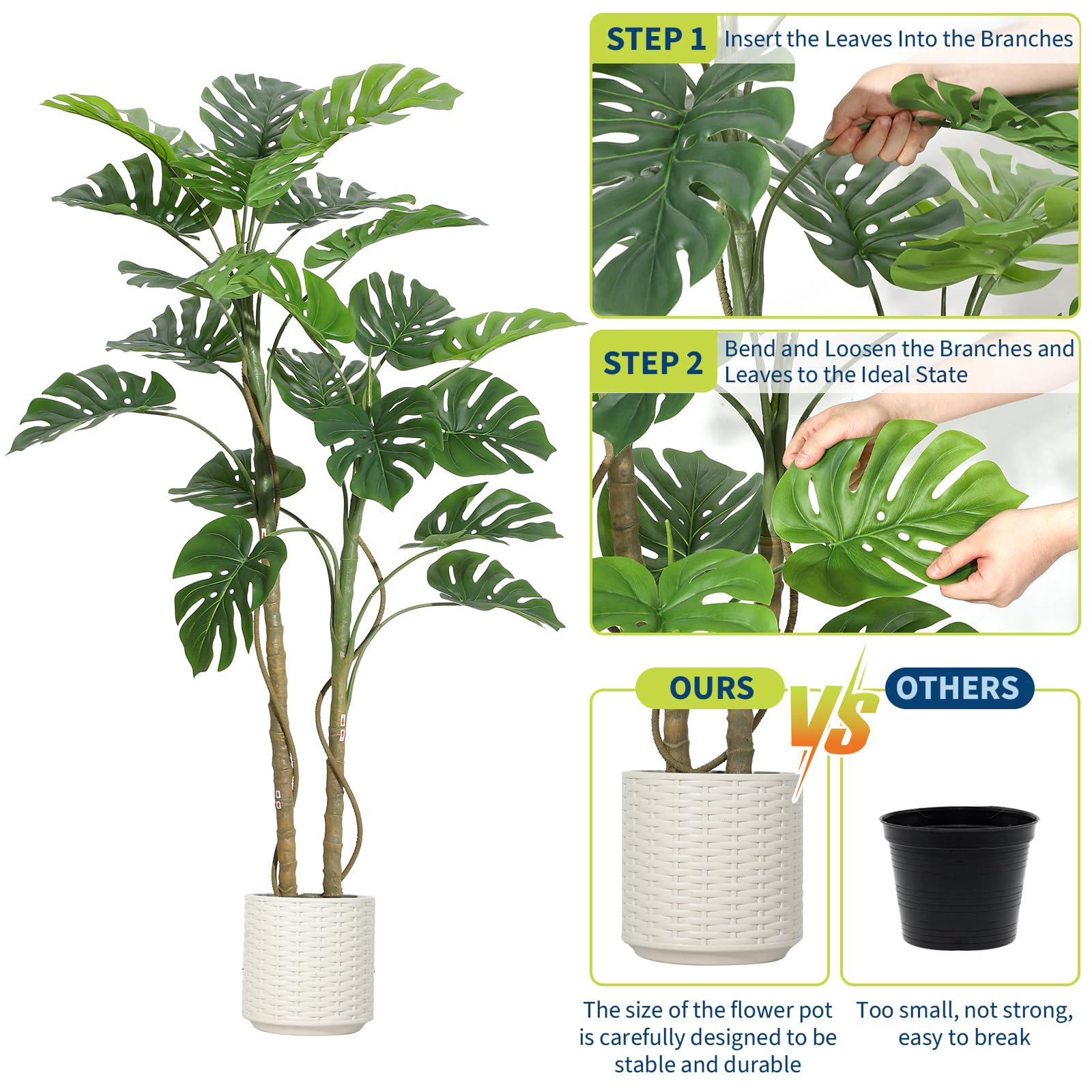 GarveeHome 150 cm grande monstera artificiale realistica, pianta da interno con vaso, muschio, multi ramo e fogliame, senza manutenzione, albero artificiale decorativo per soggiorno, ufficio, balcone