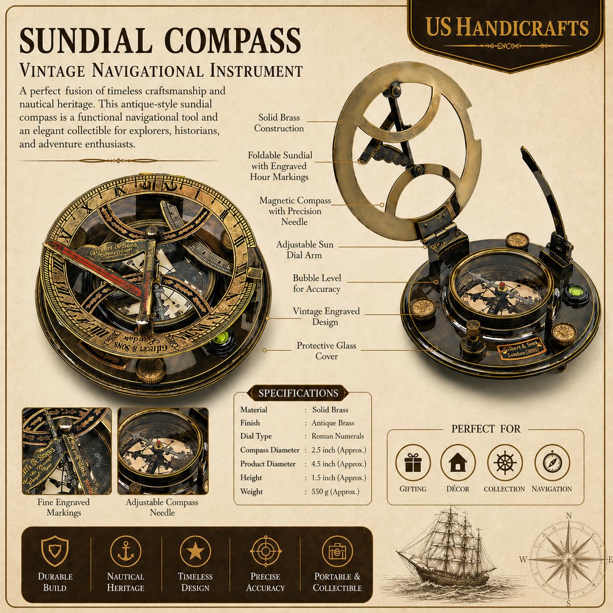 Antique Maritime Decor: Personalized Pocket Sundial Compass - Nautical Decor for Home, for Him, Copper Sailboat Accessories, Engraved Compass Gift