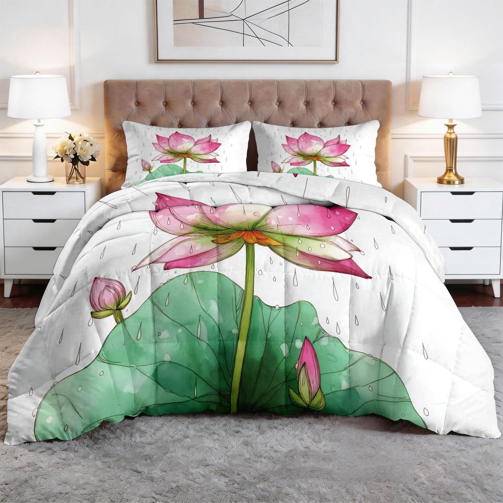 Kołdra 200 x 220 cm Nadruk Rośliny Lotos Deszcz 4 pory roku dla łóżka 2-osobowego, można prać w pralce, biała kołdra - lekka dwustronna kołdra - bez poszewek z 2 poszewkami na poduszki