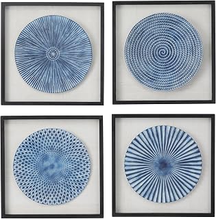 Deco 79 Wood Starburst Radial Plates Framed Wall Art with Black Frame, Set of 4 16"W, 16"H, Blue