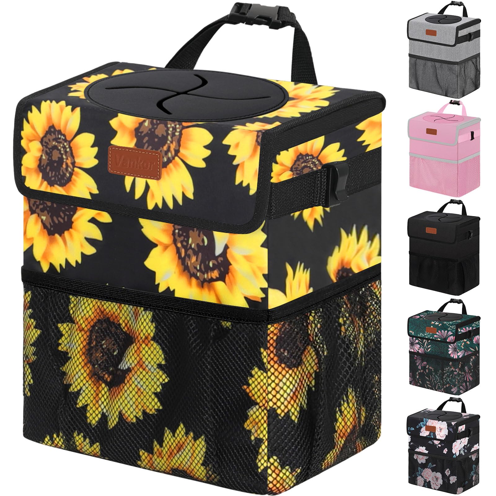 Vankor Car Trash Can for Car Cute,Bag Bin Hanging Waterproof Automotive Garbage Cans Leak Proof Vehicle Trash Can Sunflower