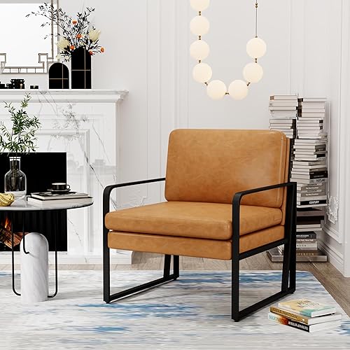 Miniatura 4 de Andeworld Silla decorativa moderna, sillón de sala de estar de mediados de siglo, sofá tapizado de piel sintética con patas de metal para leer,