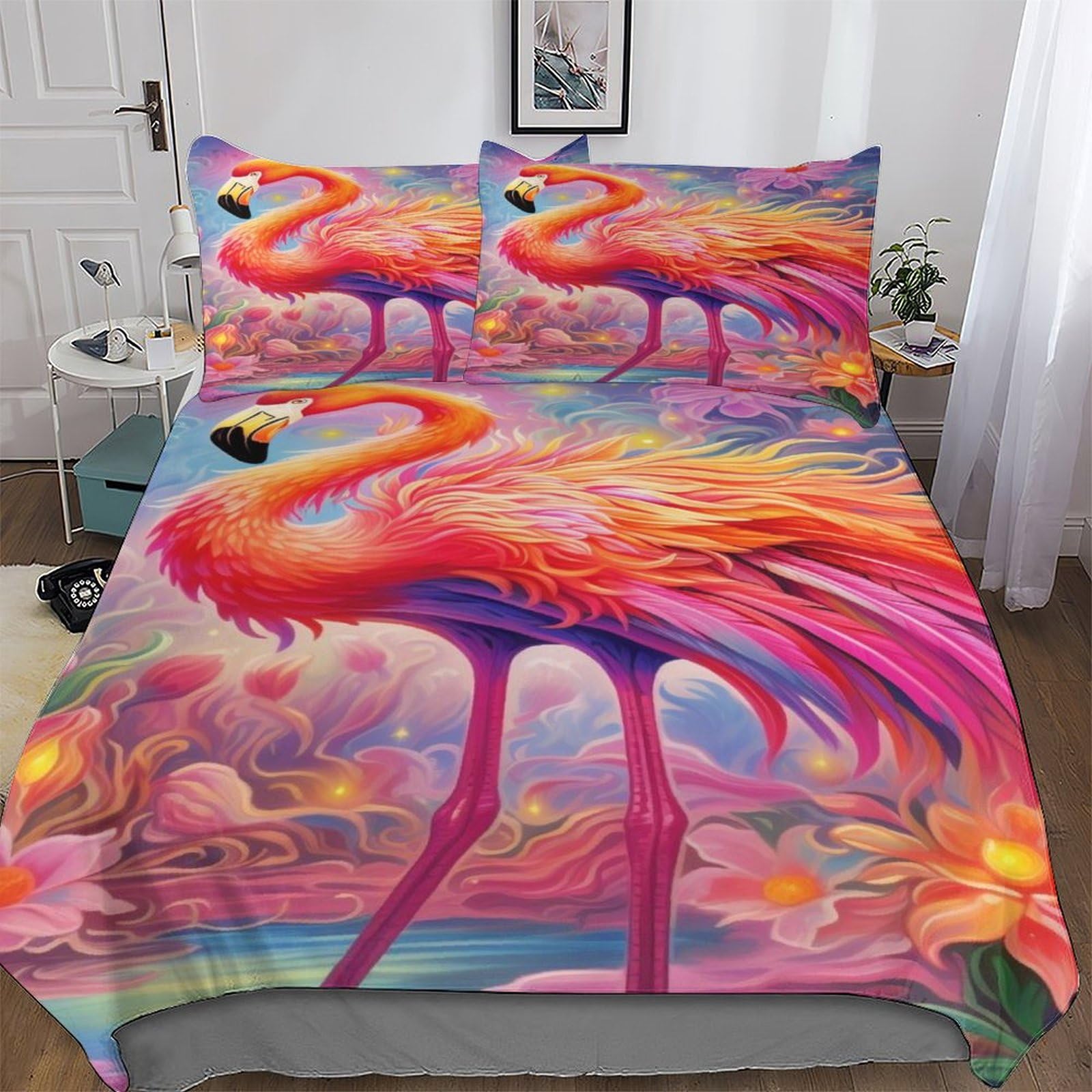 Parure de lit flamant rose 3 pièces housse de couette 220x240cm microfibre