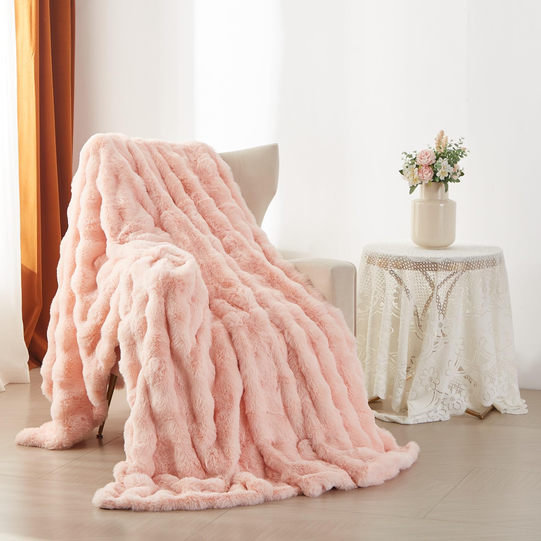 Couverture Polaire 220x240 cm Hiver Chaude Rose Jeté de Canapé Peluche Imitation Fourrure de Lapin Texture à Bulles Super Douce Douillette Plaid Canapé Polaire Moelleuse Cadeau Femme
