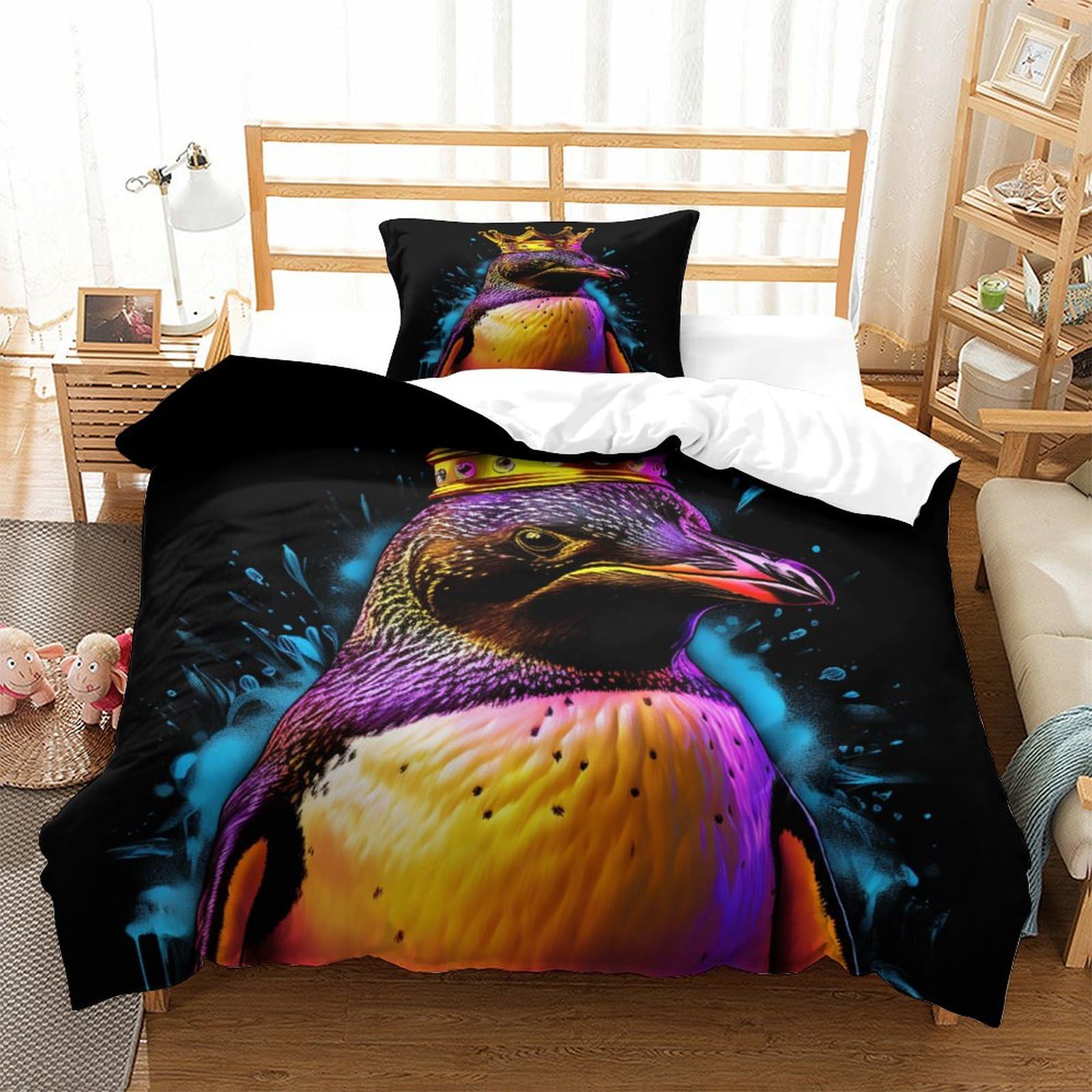 P1S9U7W5Y Trendy 3D Printed Colorful Penguin Duvet Cover Set 3pcs Microfiber Penguin Bedding Set Single