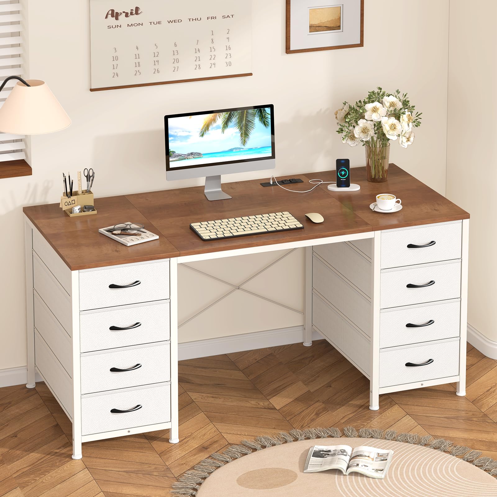 50 Inch Computer Desk with 8 Drawers, Home Office Desk with Power Outlets, Work Study Gaming Desk with 8 Fabric Drawers, Brown and White(Box A /1 of 2 only)