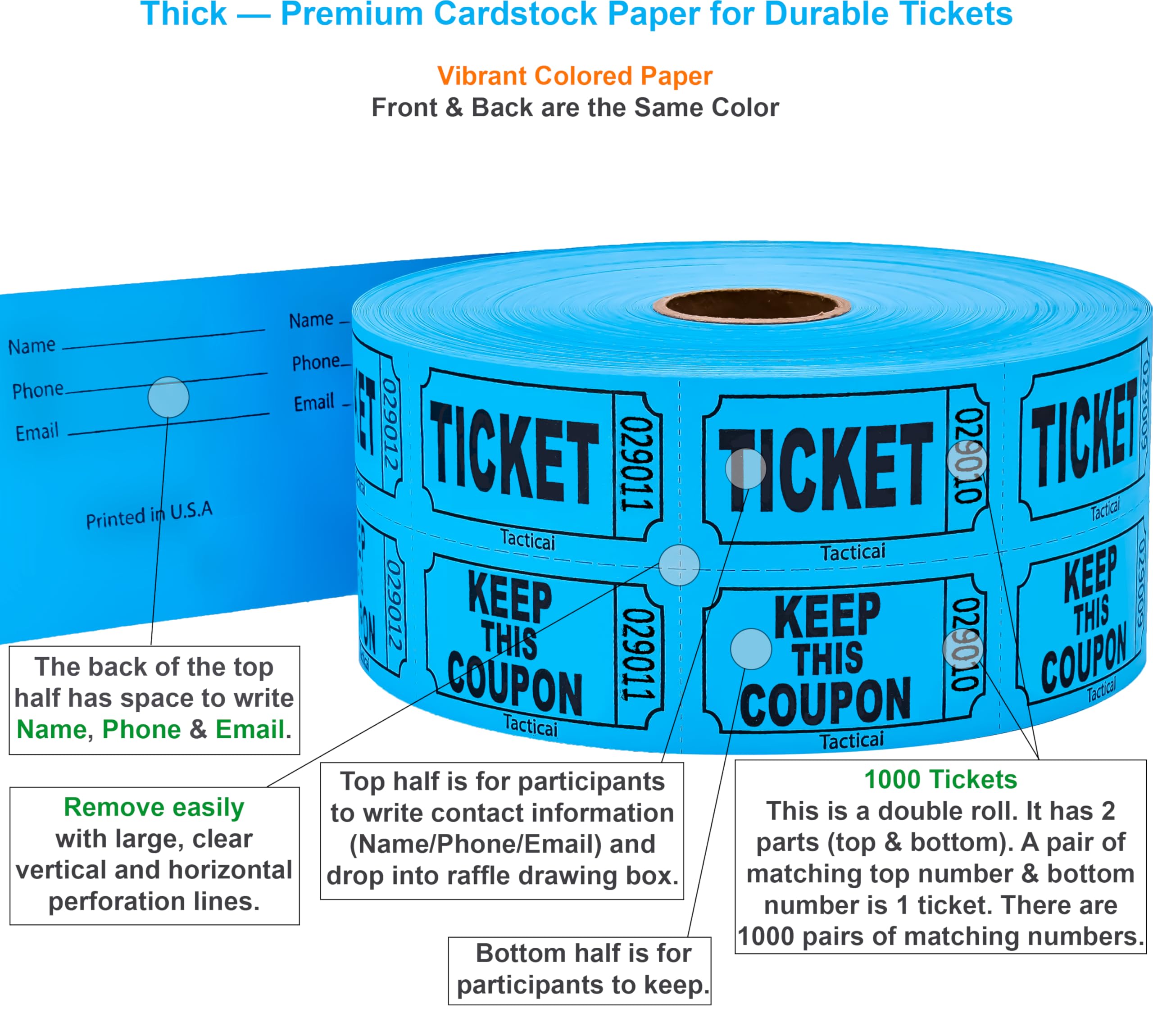 Tacticai Lot de 1000 tickets de tombola Bleu (1 des 8 couleurs), double rouleau, tickets pour événements, entrée, récompense de classe, collecte de fonds et prix