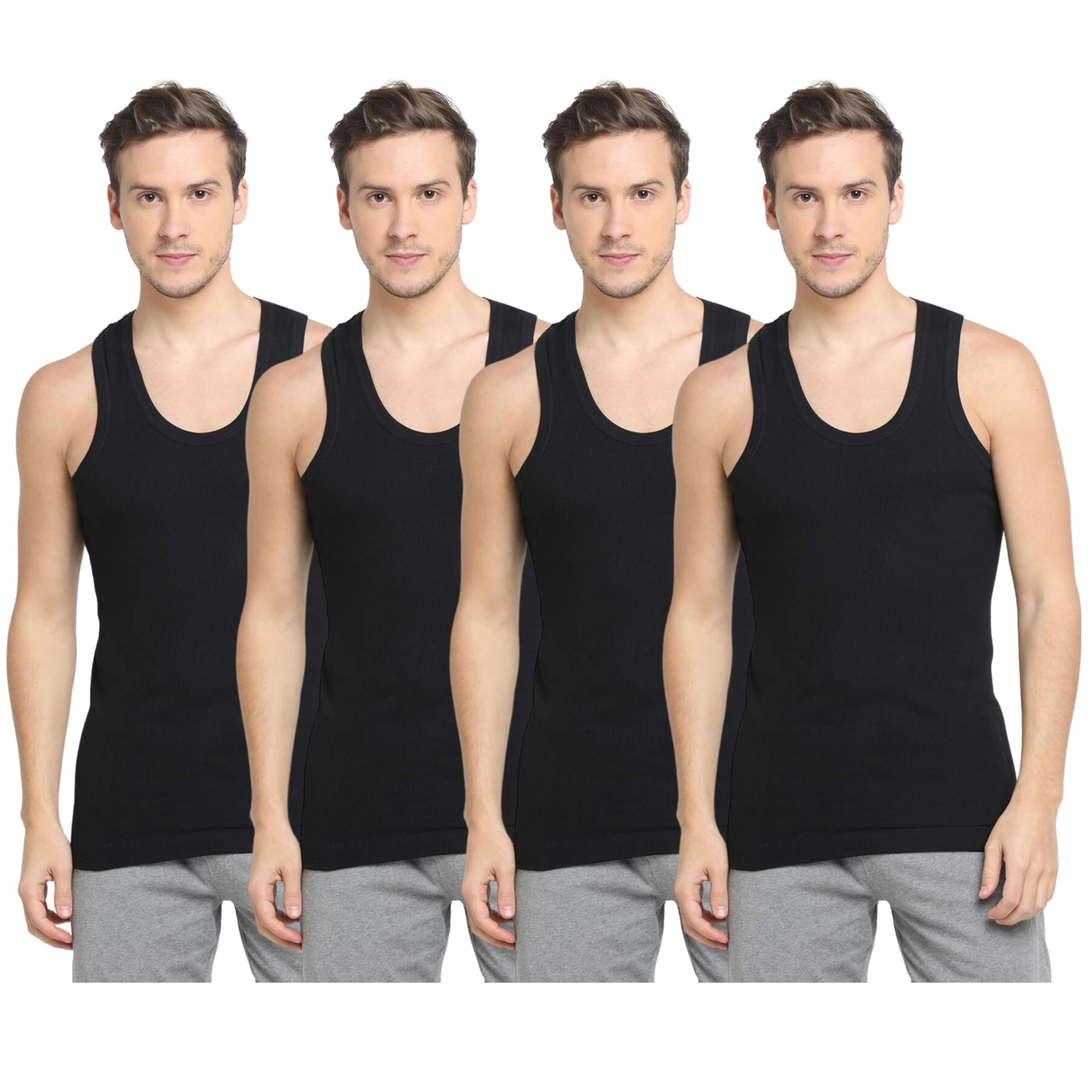 renox Men's Cotton Sleeveless Rib Vest | Colour - Black | Size - P - Pack of 4-picture-25