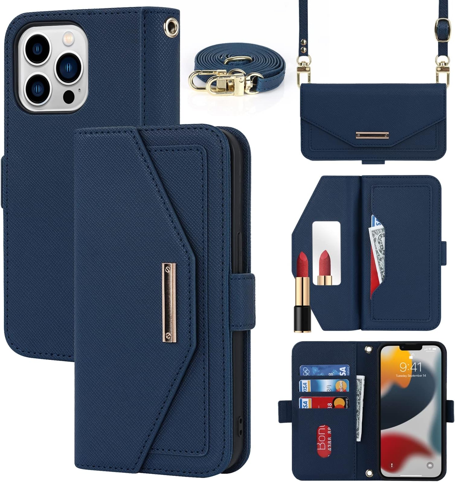 Jaorty Crossbody Wallet for iPhone 13 Pro Max Case with Adjustable Lanyard Strap Credit Card Holder 6.7",PU Leather Handbag Purse Kickstand Make Up Mirror Cover Case for Men Women Girl,Blue