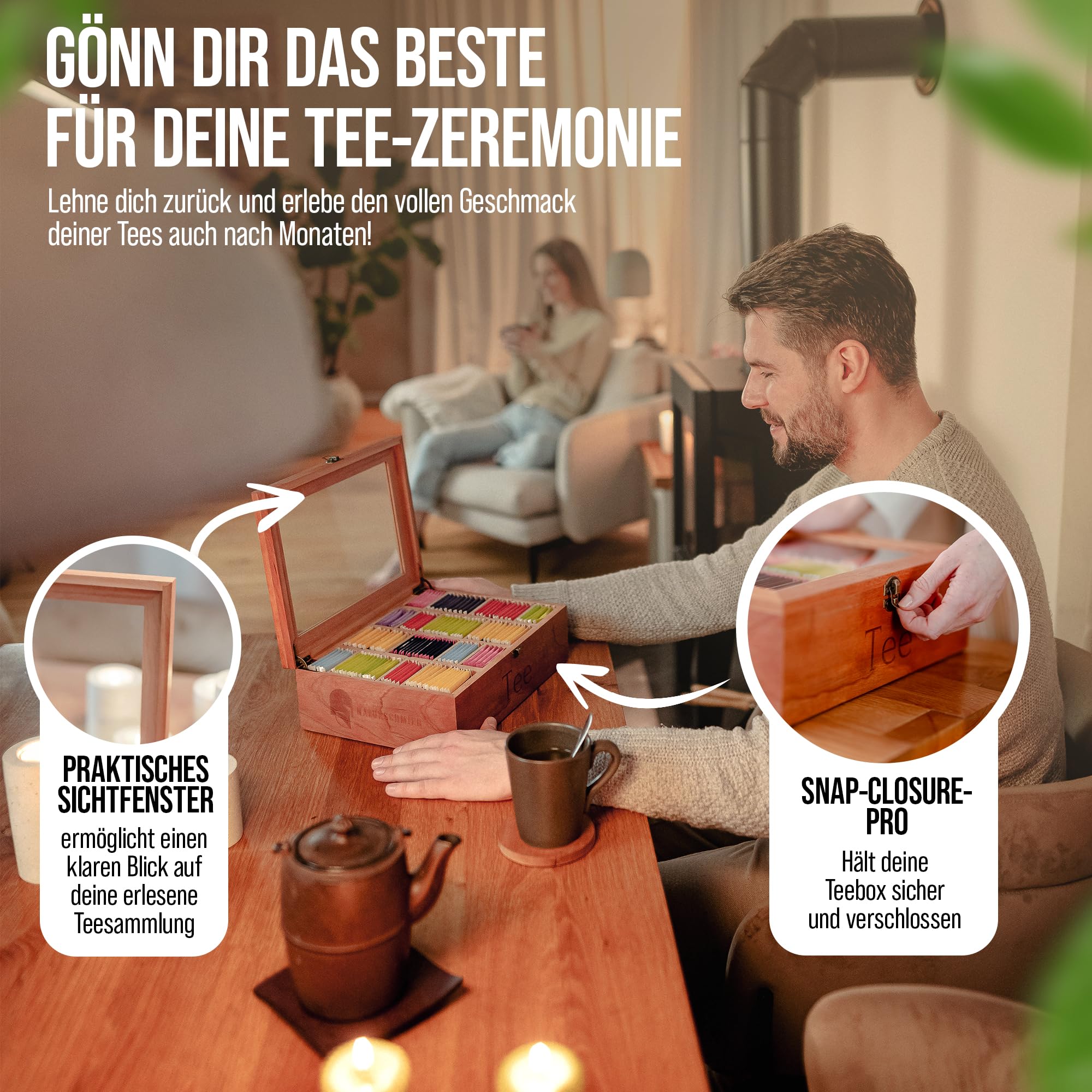 Boîte à thé de qualité supérieure en bois de cerisier avec 20 compartiments flexibles et fenêtre de visualisation (22,5 x 31 x 10 cm) - Charnières renforcées + fermeture solide -
