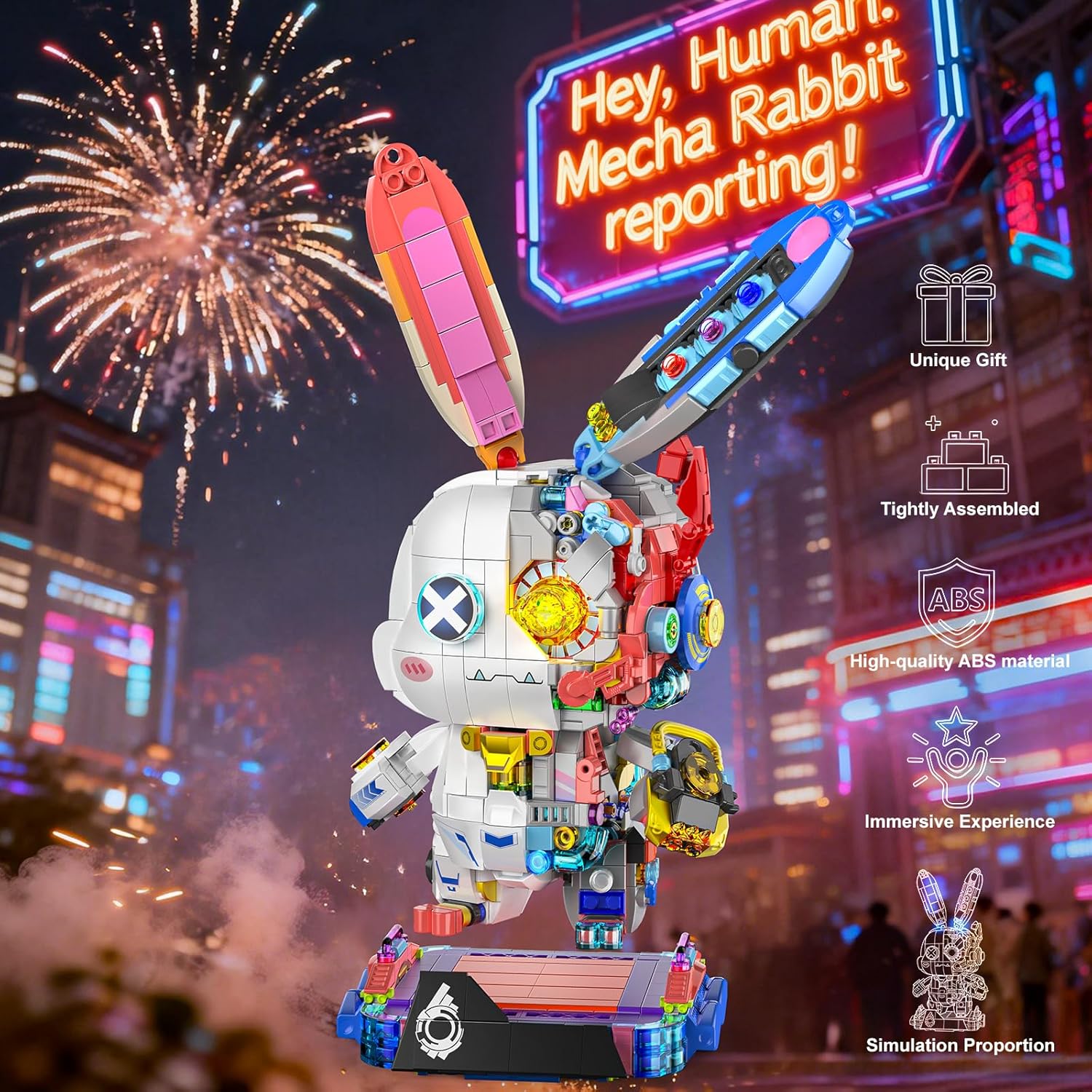 Mechanical Bunny Rabbit Building Set with LED Light-Up Eyes & Display Stand, Poseable Cyberpunk Robot Animal Building Toy Model Kit for Kids Teens Ages 8–12, Birthday STEM Gift for Boys Girls, 1377PCS