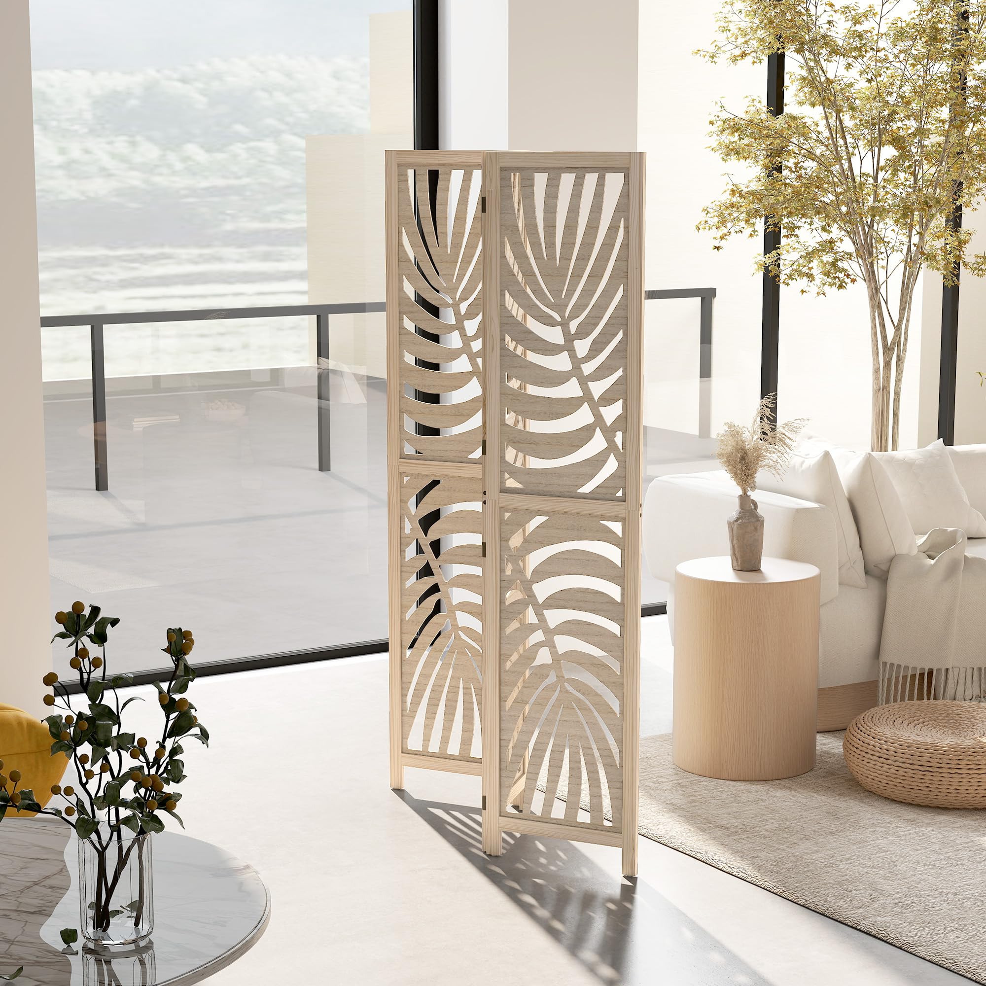 HOMCOM Biombo de 3 Paneles Separador de Ambientes Plegable 120x170 cm con Estampado de Hojas de Palma Tropical Biombo Separador de Ambientes para Salón Dormitorio Oficina Natural