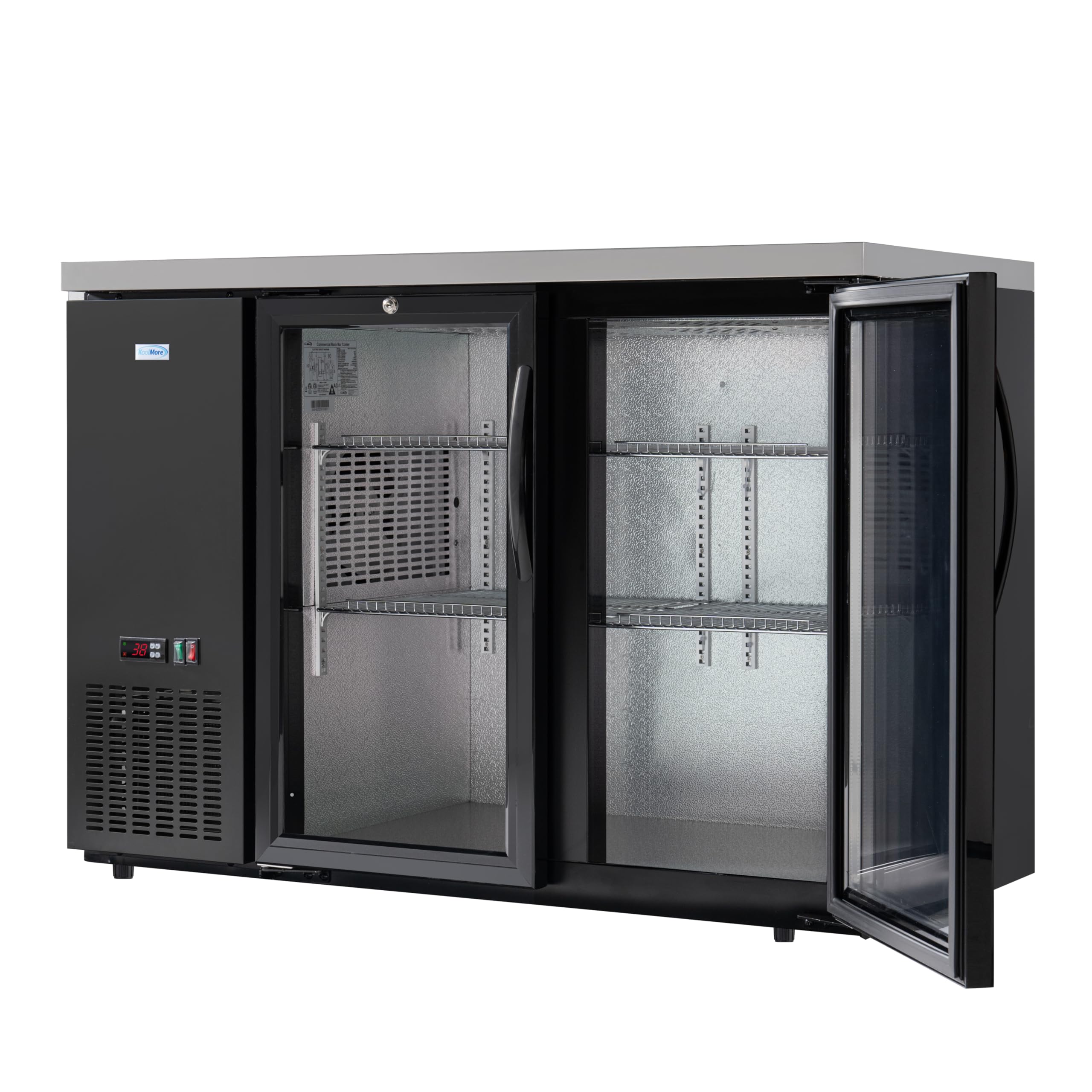 KoolMore 47 In. Commercial Two Glass Door Back Bar Refrigerator Cooler For Beer Bottle & Can Storage With Side Condenser And Compressor, LED Lighting, 11 Cu. Ft. Capacity, Etl Listed In Black on Fridge.com - View 3