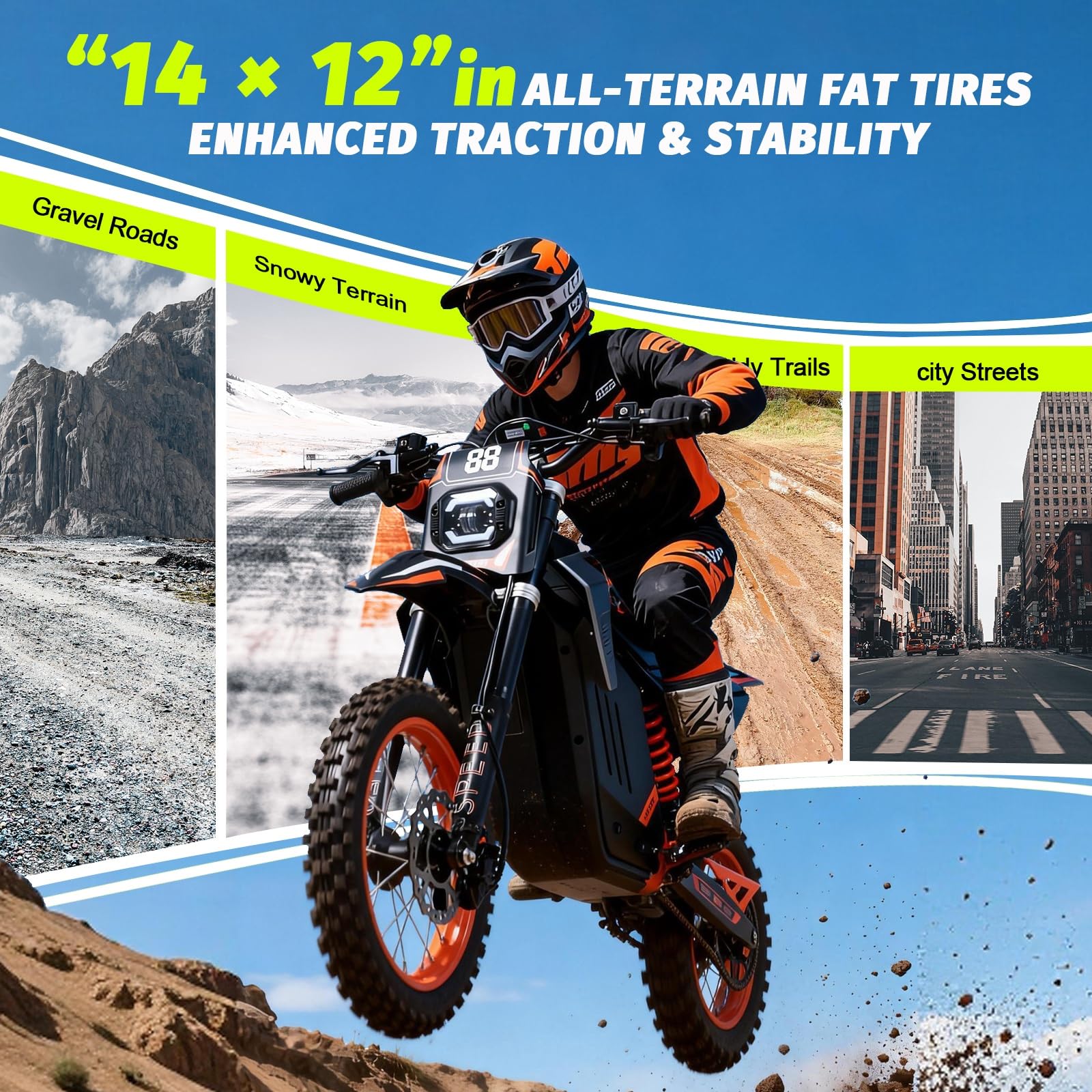HWWH D5 E-Motocross Elektro Motorrad 48V 30Ah Akku, kraftvoller Motor, 14/12 Zoll Offroad-Reifen, Dual-Hydraulikbremse, Federung – 50km Reichweite – Nur für Privatgelände