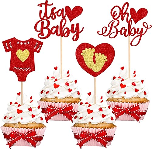 24 piezas para el día de San Valentín Oh Baby Cupcake Toppers Glitter Baby Feet Mameluco Sweet Love Heart Its a Baby Valentines Day Cupcake Pick