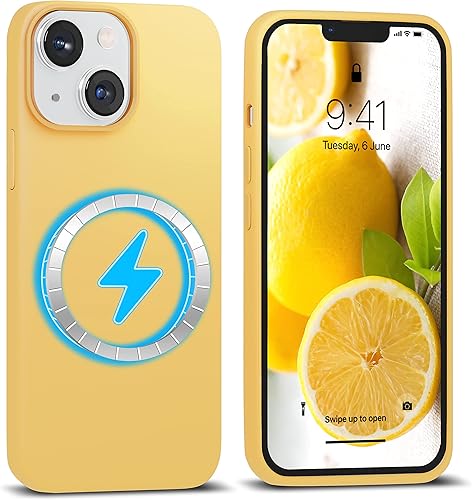 IceSword Funda magnética para iPhone 14, funda de silicona amarilla carga rápida imanes fuertes, forro de microfibra delgado y delgado, brillante