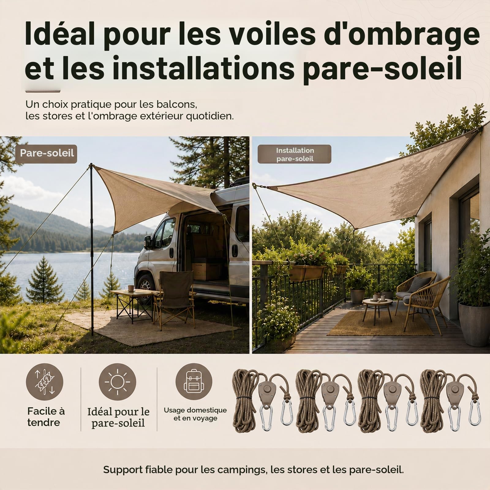 Corde pour auvent avec Crochet et tendeur, 4 m – Sangle à cliquet réfléchissante et réglable pour Lampes de Culture, voiles d'ombrage et auvents de Camping-Car
