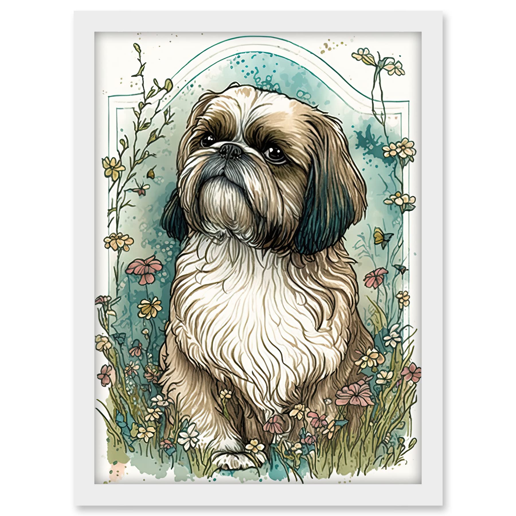 Artery8 Shih Tzu Dog with Wildflowers Modern Art Nouveau Inspired Illustration Artwork Framed A3 Wall Art Print
