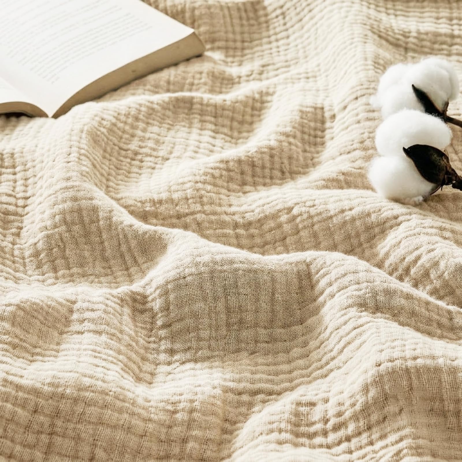 Musselin Decke 200 x 230 cm 6-lagig, Muselindecke Erwachsene 100% Baumwolle Tagesdecke & Bettüberwurf vorgewaschene Gazedecke Sommerdecke Sofadecke Baumwolldecke Couch Überwurf (Beige, 200*230cm)