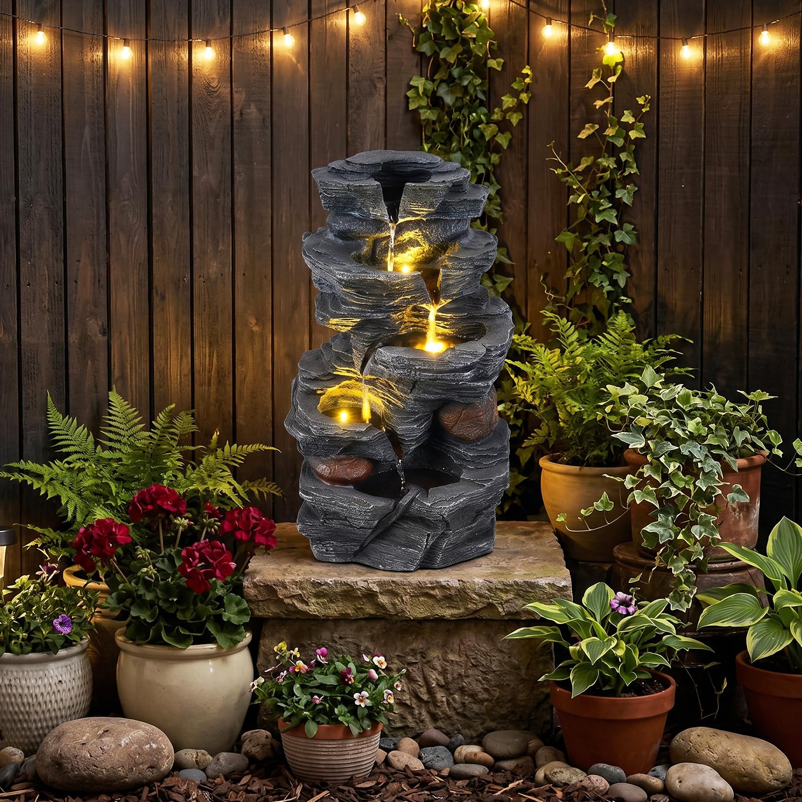 COSTWAY Fontana da Giardino, Fontanella Elettrica da Tavolo con Luci LED | Fontana Cascata in Resina a 5 Livelli con Flusso d'Acqua Regolabile e Pompa, da Interno ed Esterno per Terrazzo e Cortile