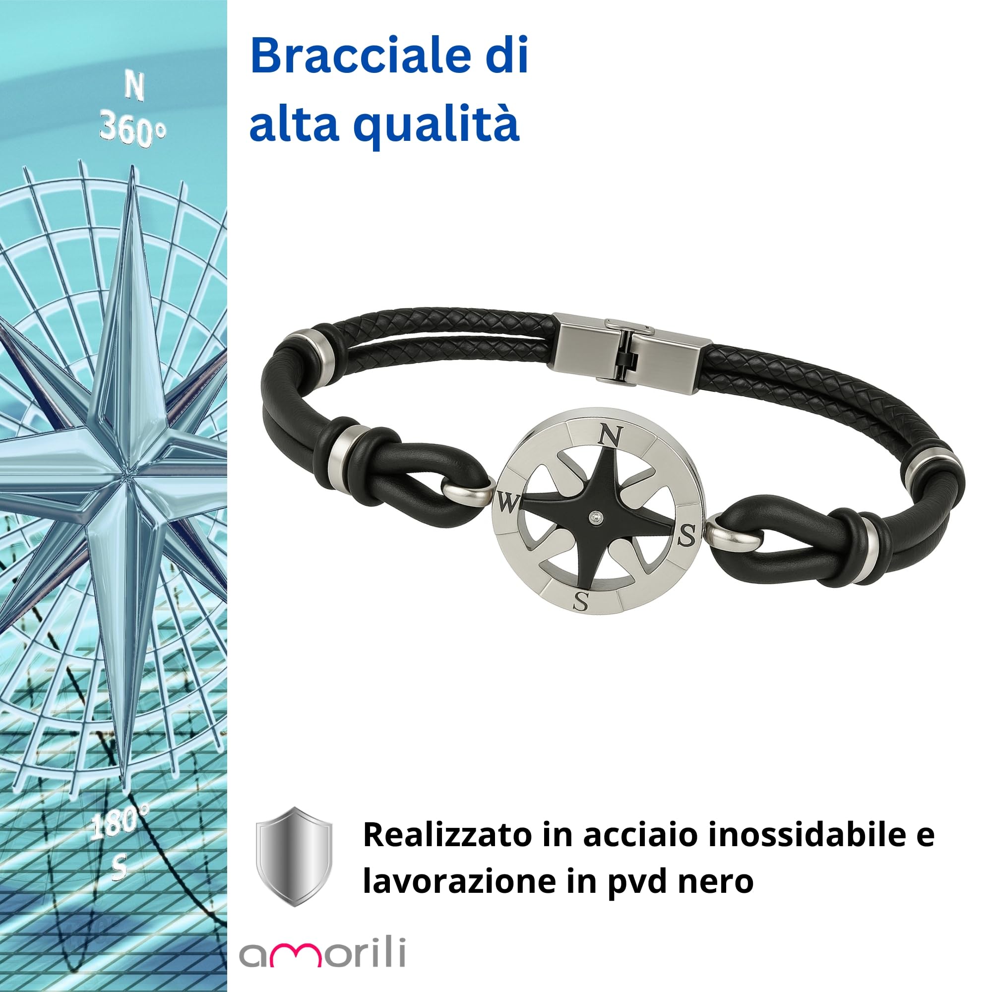 Bracciale Rosa dei Venti Uomo in Acciaio e Pelle Nera – Gioiello Nautico in Acciaio Inox, Design Compass, Idea Regalo Uomo bcc3044