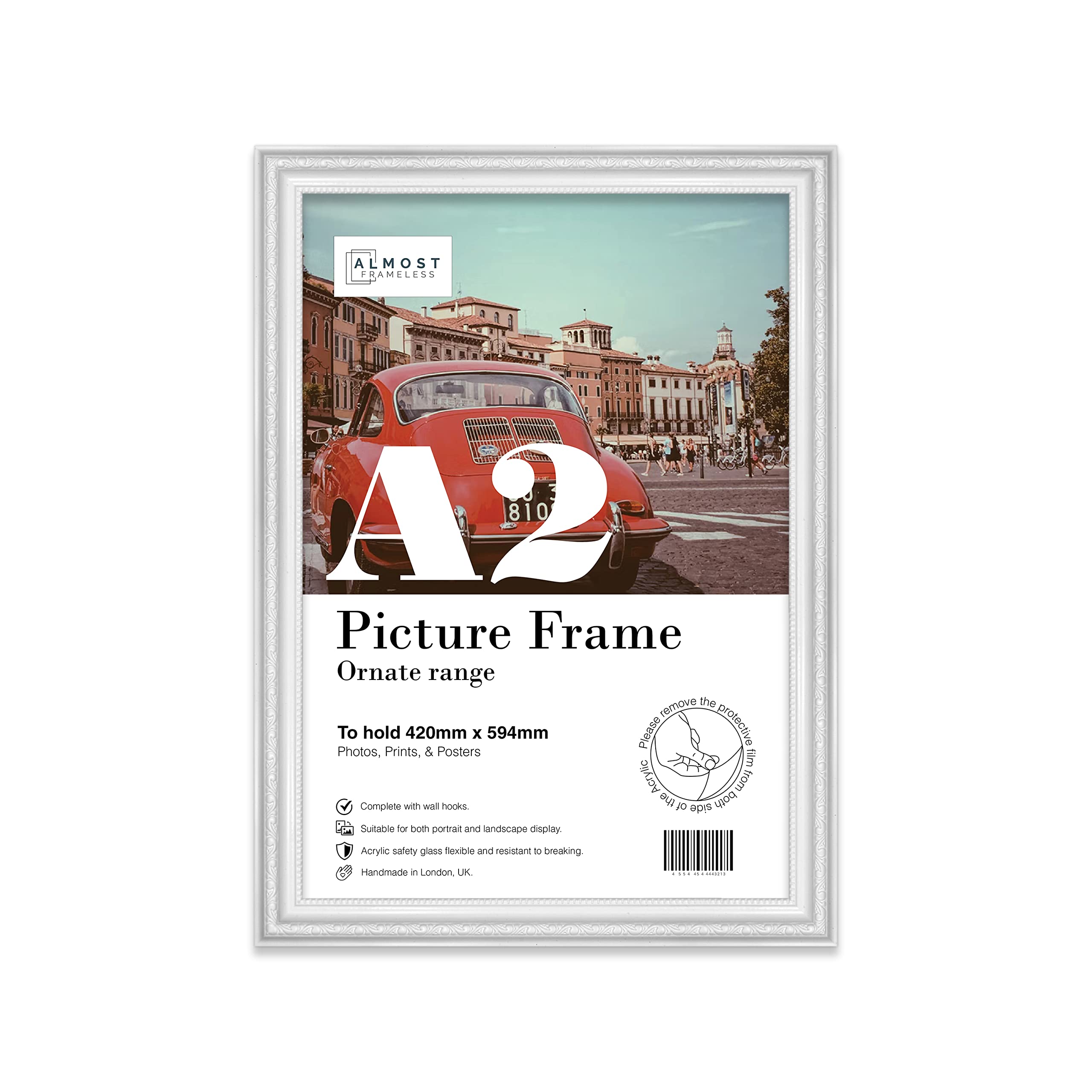 Almost Frameless White Picture Frame A2 White Ornate Picture Frame Fits A2 (42 X 59.4Cm - 16.5 X 23.4In) Poster, Photo, Artwork, Or Print. Antique Style Portrait And Landscape Display With Wall Hooks