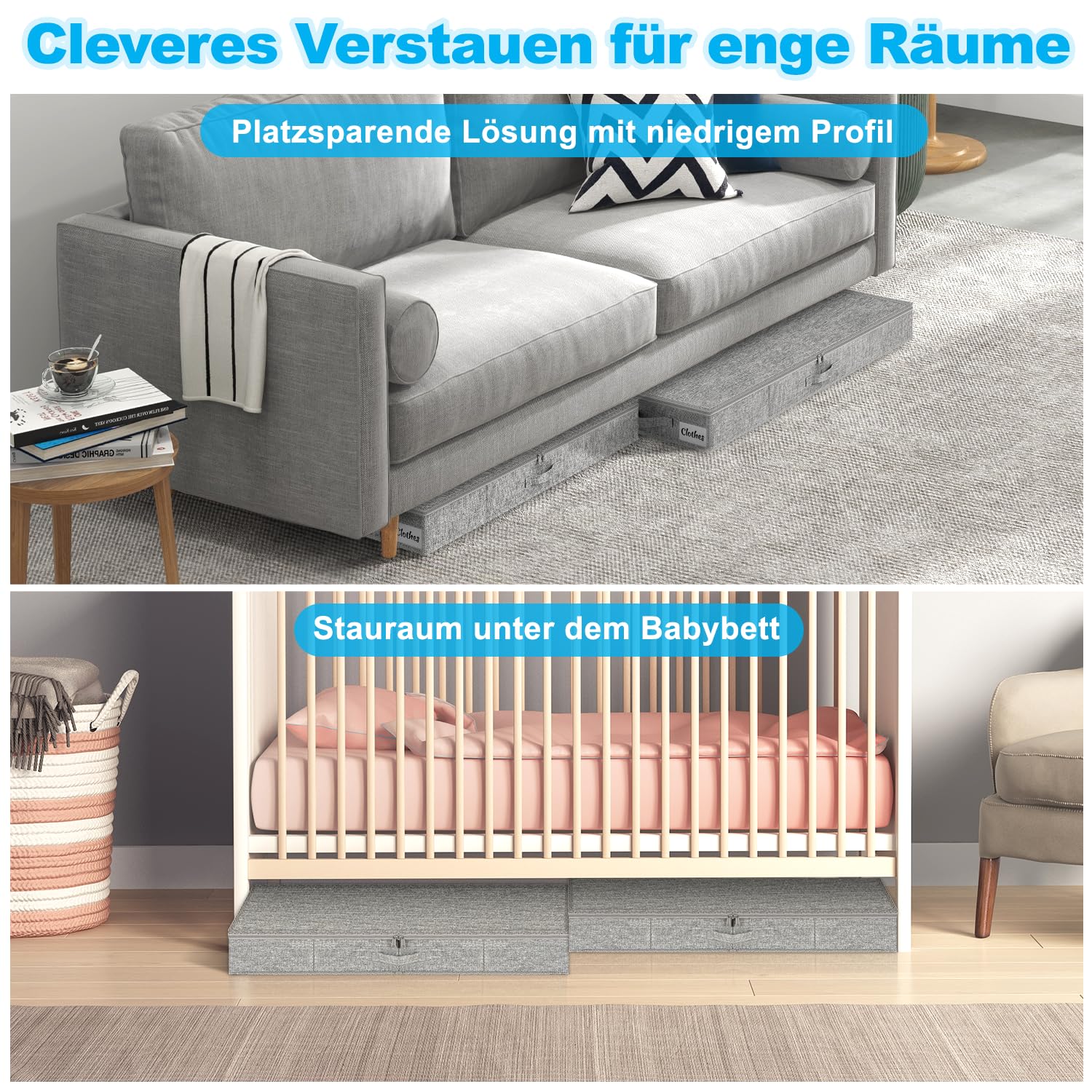 Contenitore sotto il letto, con coperchio, altezza 12 cm, 4 pezzi, pieghevole, lavabile, con 3 maniglie, coperchio con cerniera, per vestiti, coperte