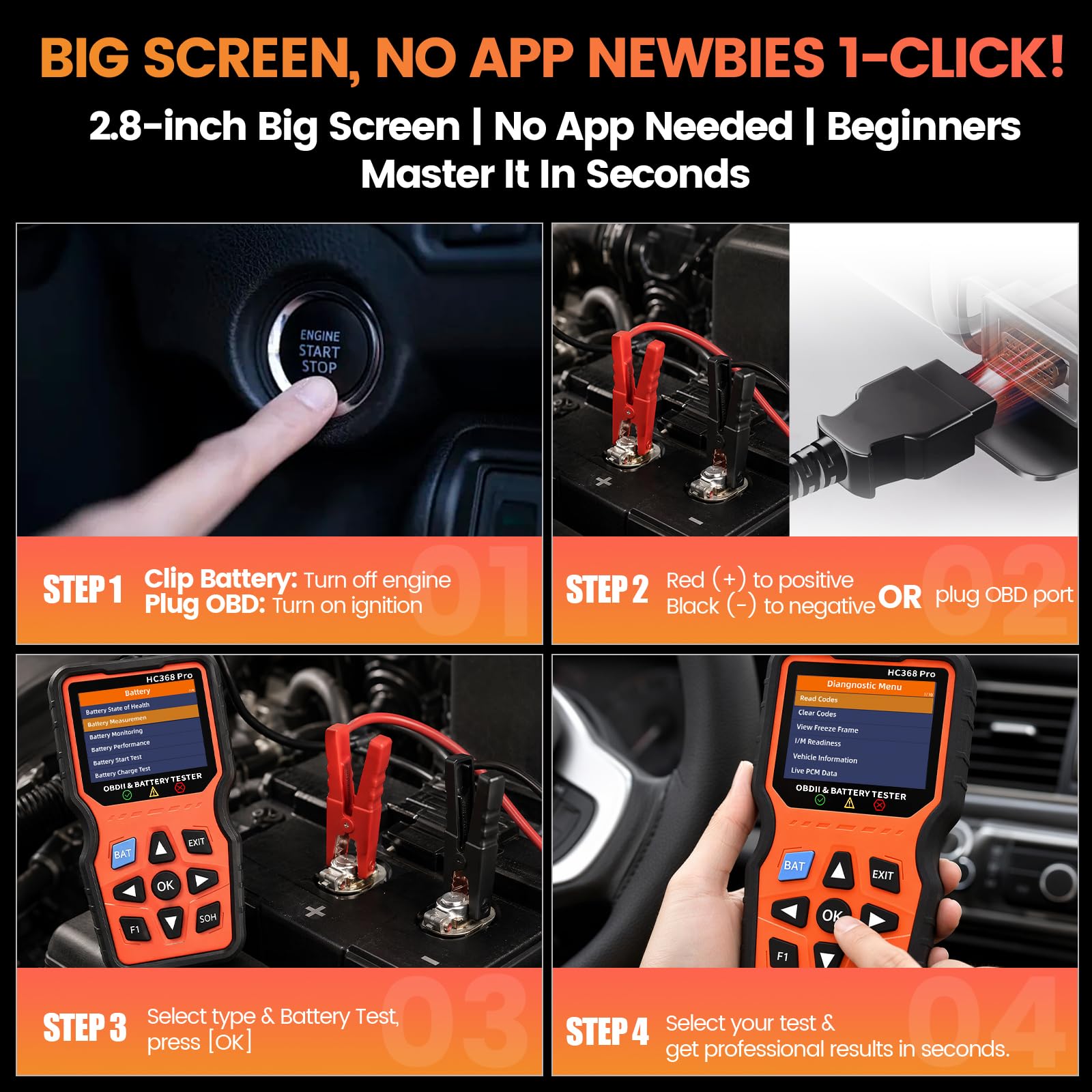 OBD2 Diagnosegerät & Batterietester 2 in 1,OBD EOBD+CAN Scanner Auslesegerät mit vollständigen OBD2 Funktionen,12V Autobatterie Tester mit Batterie- Anlasser- und Ladetest für alle Fahrzeuge