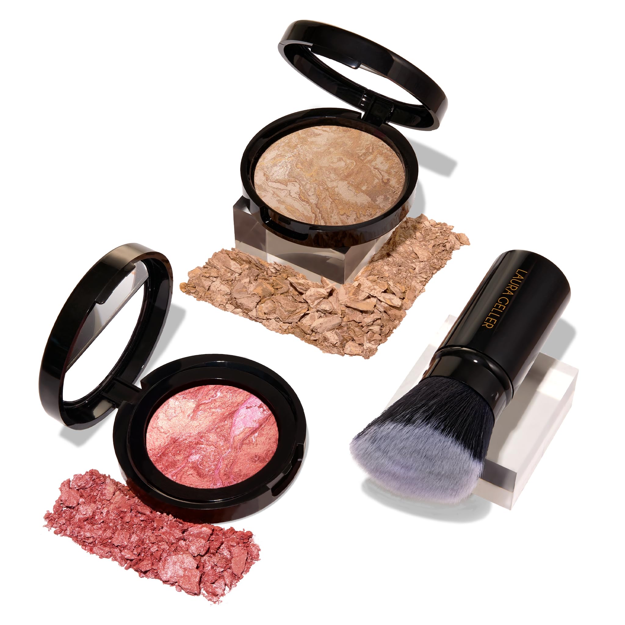 LAURA GELLER NEW YORK40+ Club Blush-n-Balance 3pc Kit: Baked Balance-N-Brighten Color Correcting Foundation, Medium + Retractable Kabuki Brush + Baked Blush-N-Brighten, Tropic Hues