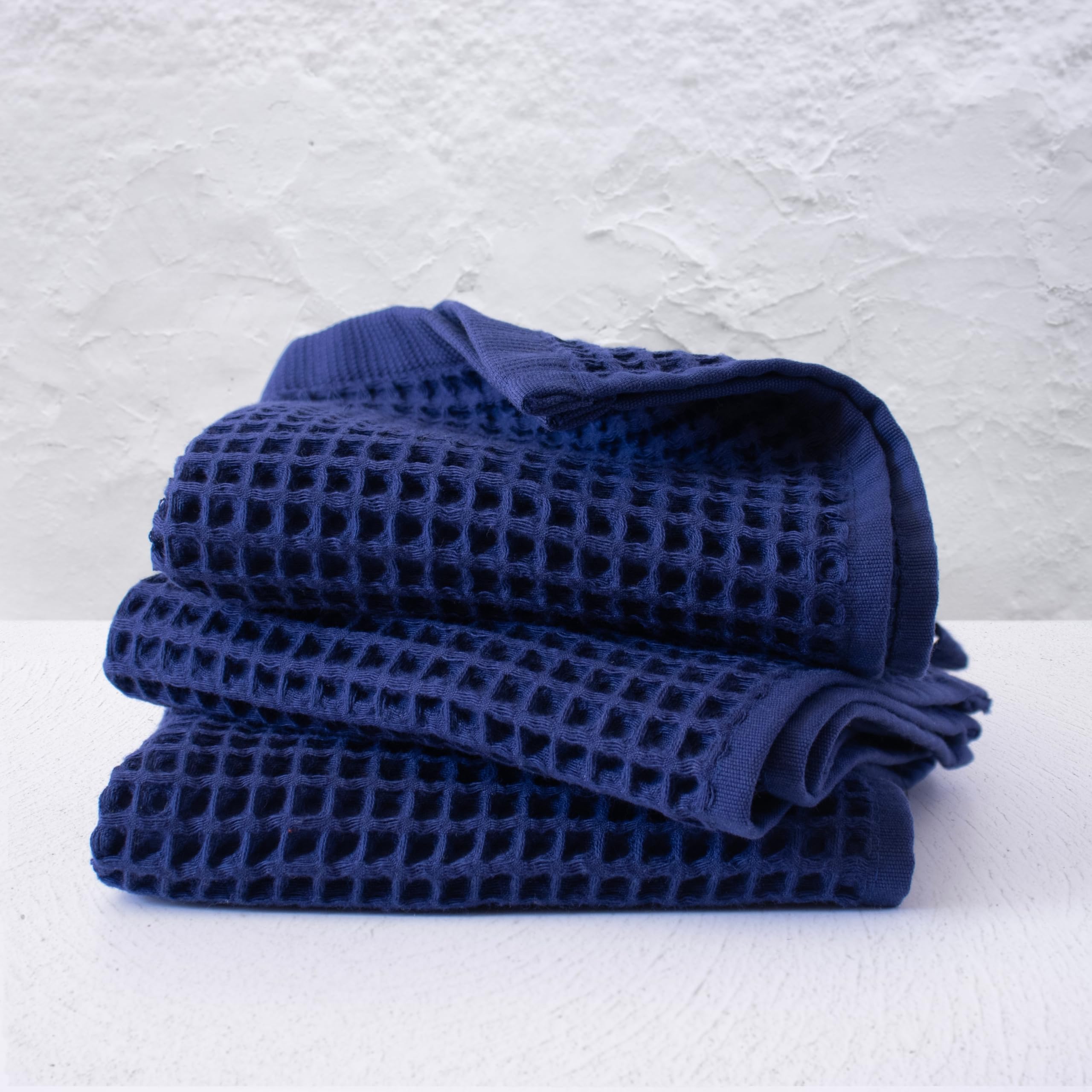 PÜSKÜL - Set of 3 Organic Waffle Hand Towel Navy - Premium Quality, 100% Turkish Cotton, Soft, Quick-Dry, Absorbent, Lint-Free Face Kitchen Hand