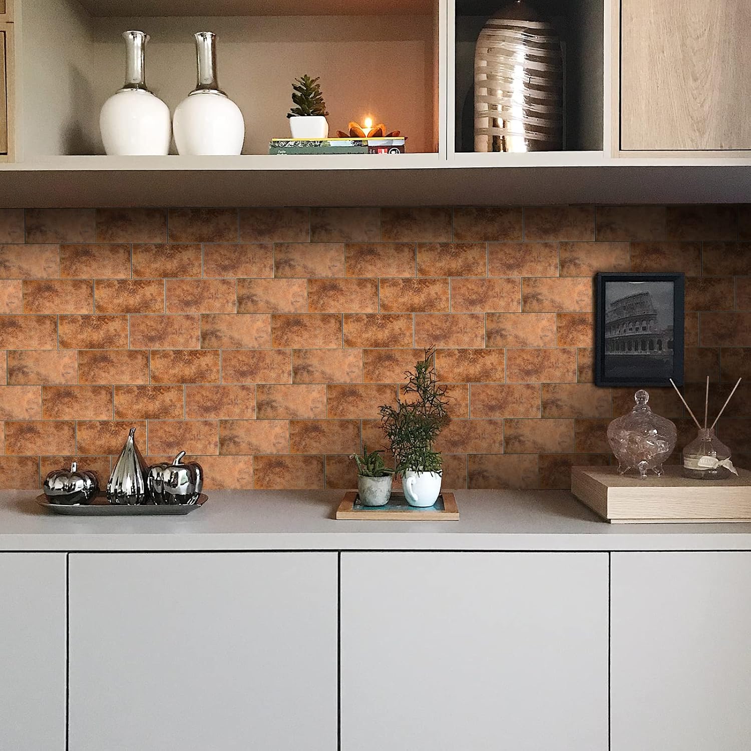 Copper Peel and Stick Backsplash Subway Tile, 3"x6" Antique Copper Self-Adhesive Stick on Wall Tiles for Kitchen Bathroom Fireplace(48 Pieces)