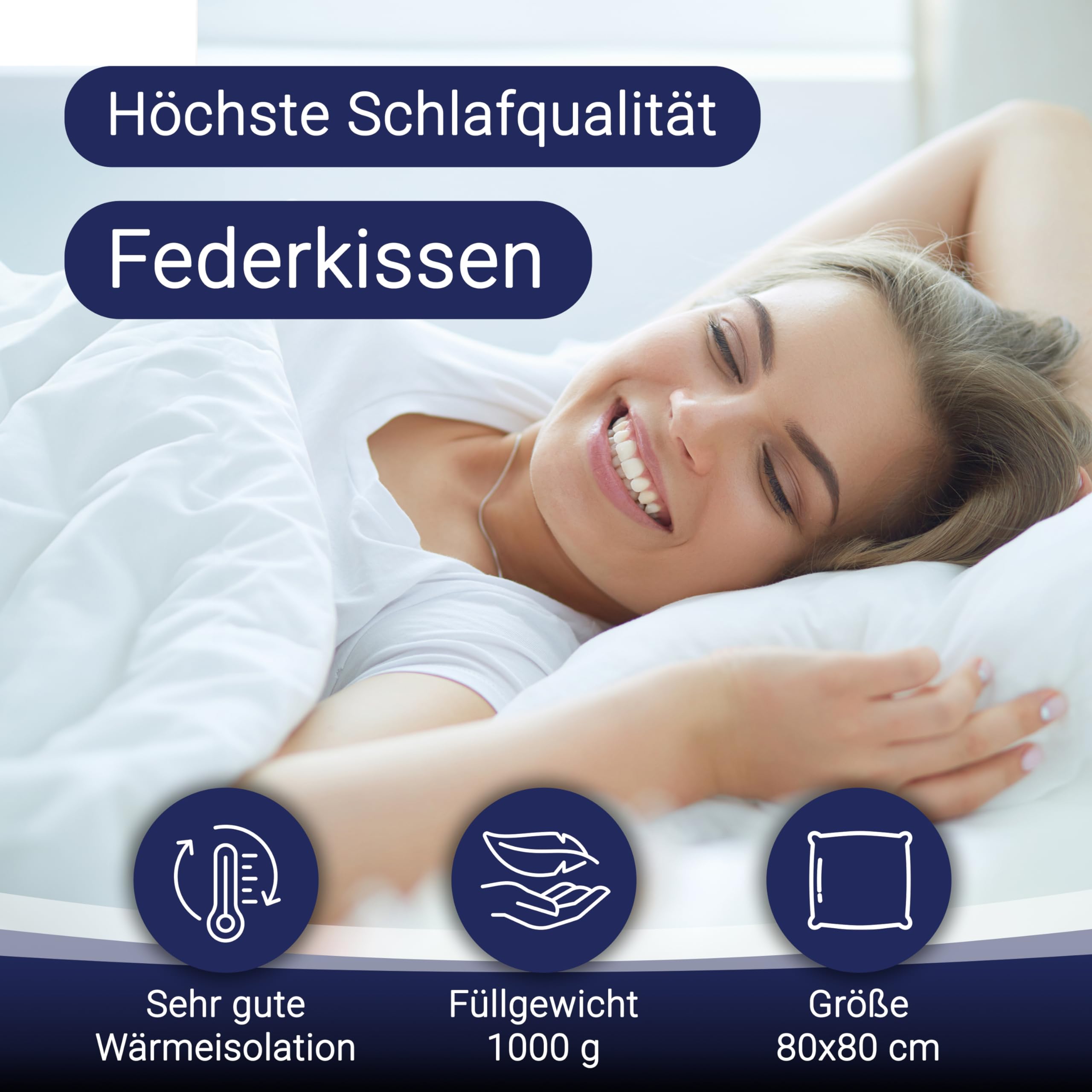 ZOLLNER Kopfkissen aus 85% Federn und 15% Daunen - Made in Germany – für Allergiker geeignet – Bezug aus hochwertiger Baumwolle - waschbar bis 60°C - 80x80 cm - Hotelqualität