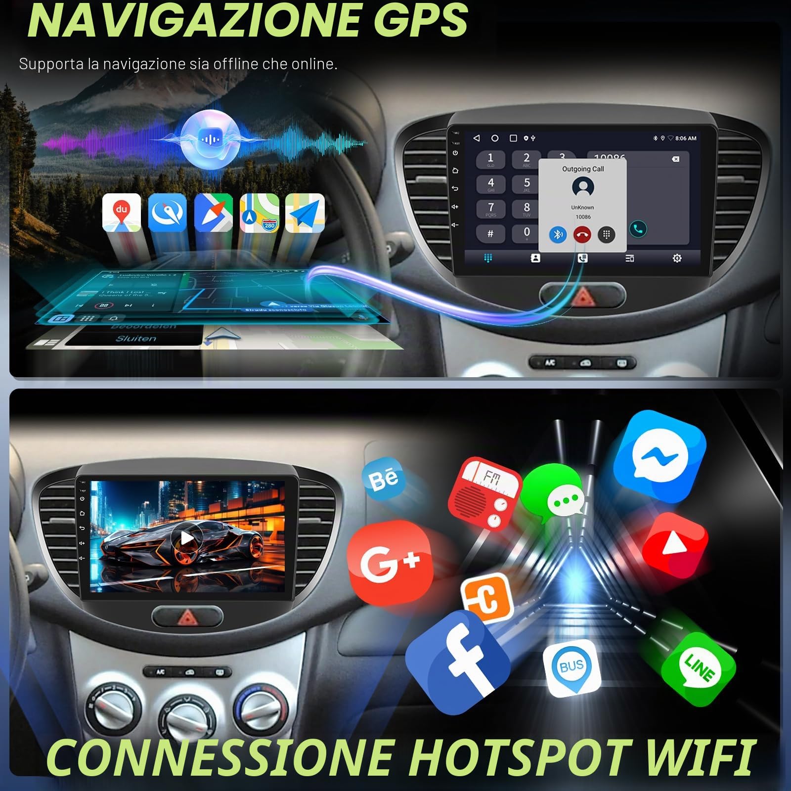 [2G+64G] Android Autoradio per Hyundai i10 2007-2013 con Senza Fili Carplay e Android Auto, Autoradio Touch Screen HD da 9 pollici con GPS/WiFi/Bluetooth/EQ/FM RDS