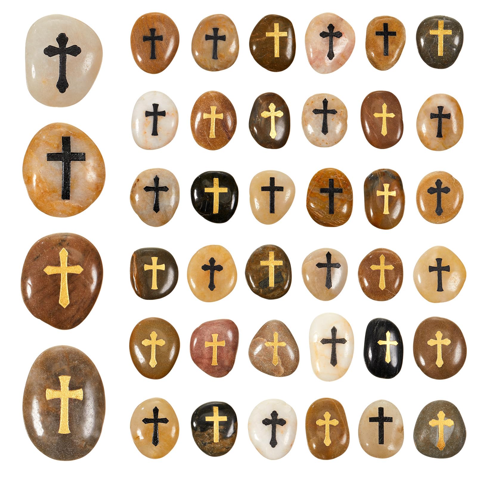 fabbay 40 pcs cross engraved stones inspirational smooth polished river pebble encouragement engraved rocks prayer faith stones for easter religious gifts, 4 styles, 1-2 inches each