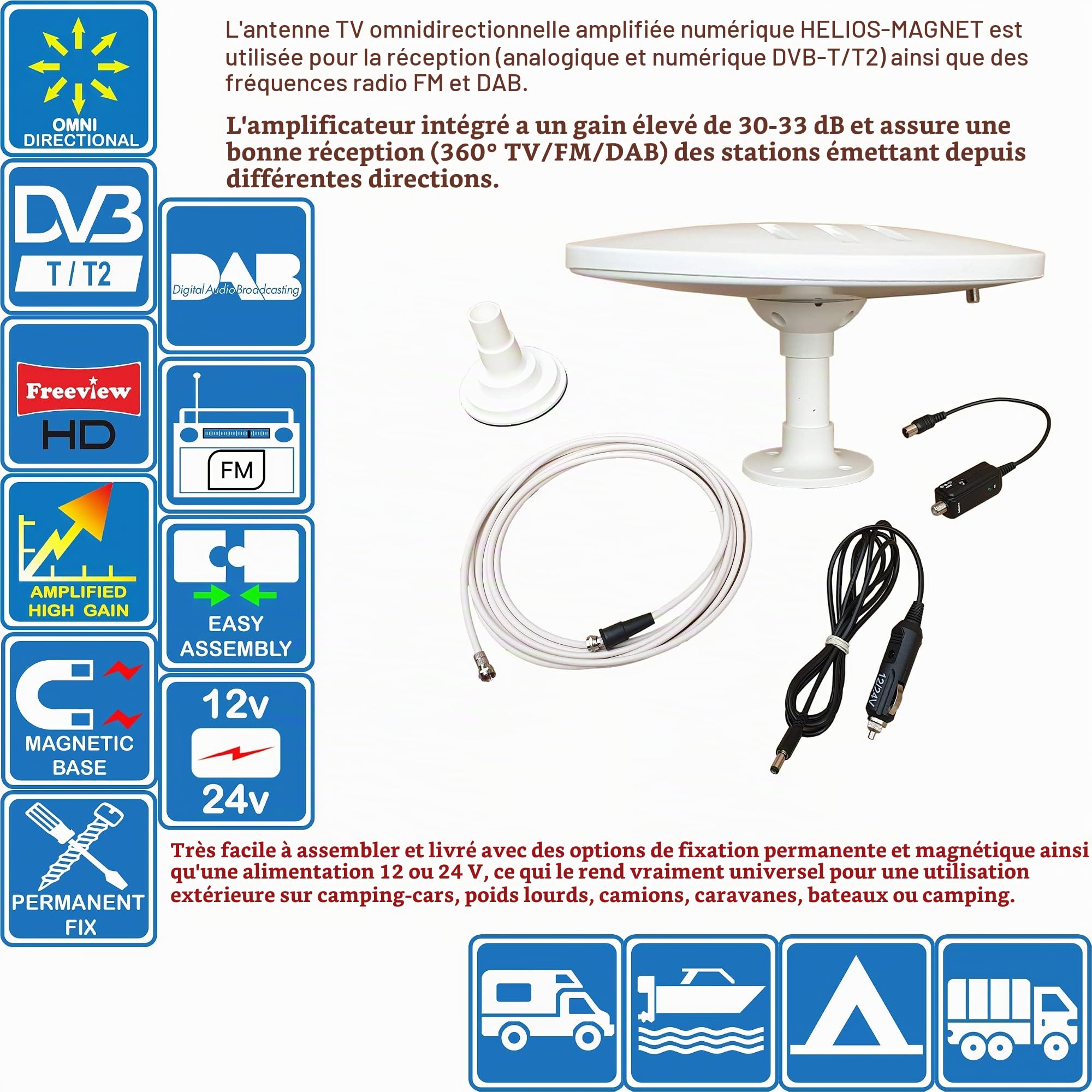 Helio-Magnet amplifiée numérique omnidirectionnelle d'antenne TV HD de Gain Haut 33dB TNT DVB-T2 FM Dab. 12V / 24V pour Camping-Car, Poids Lourd, Camion, Caravane, Bateau ou Camping par Unispectra®