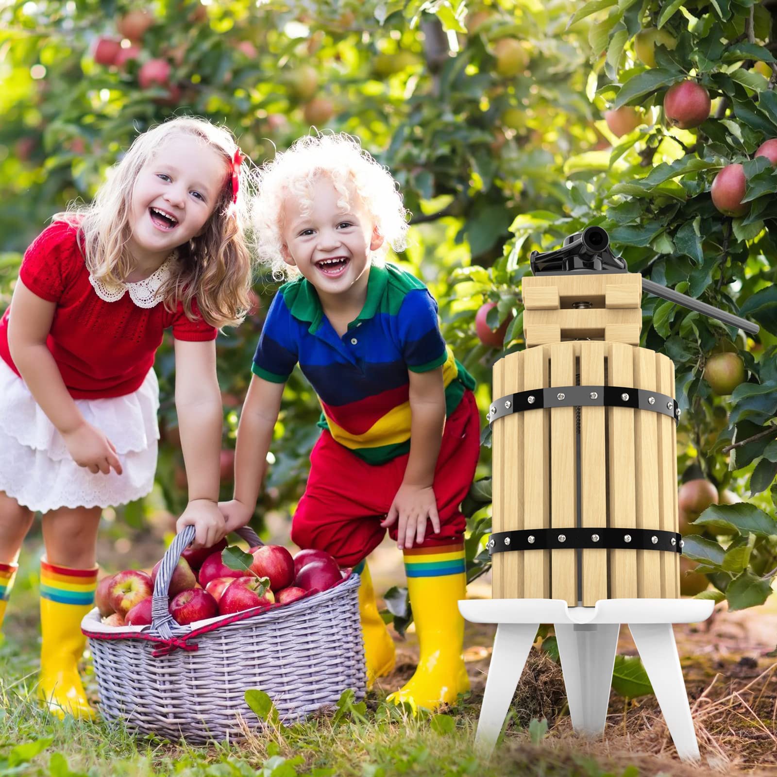 6L Obstpresse Cider Weinherstellung mit Holzkorb für hausgemachten Natursaft Traube Beere Apfelpresse